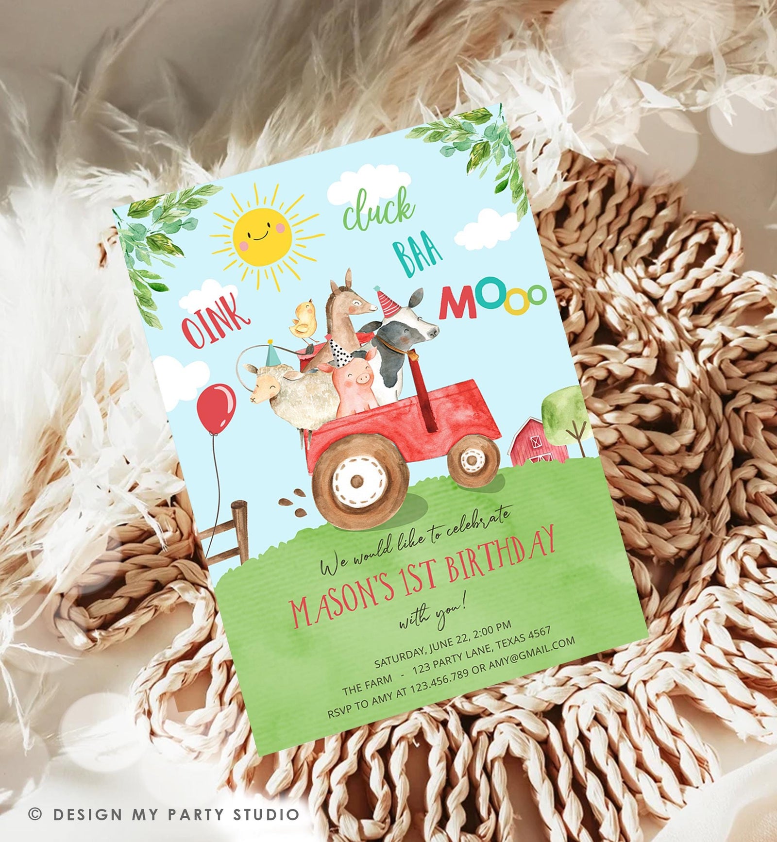 Editable Farm Animals Birthday Invitation Boy Party Animals Boy Barnyard Red Tractor Party Digital Download Evite Template Printable 0155