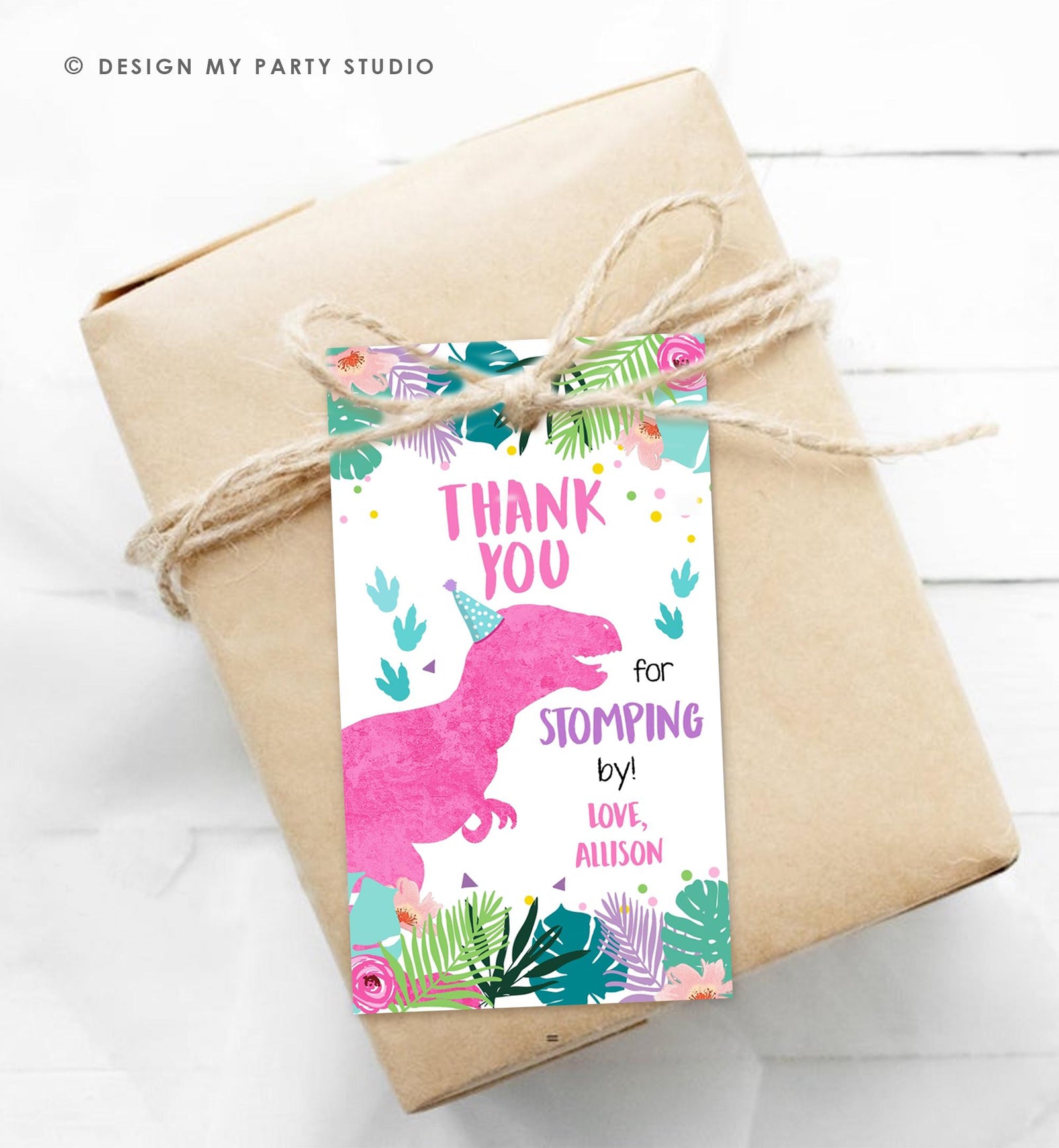 Editable Dinosaur Birthday Favor Tag Gift Tag Girl Pink T-Rex Three Rex Thank You Stomping By Dino Party Digital Template Printable 0423