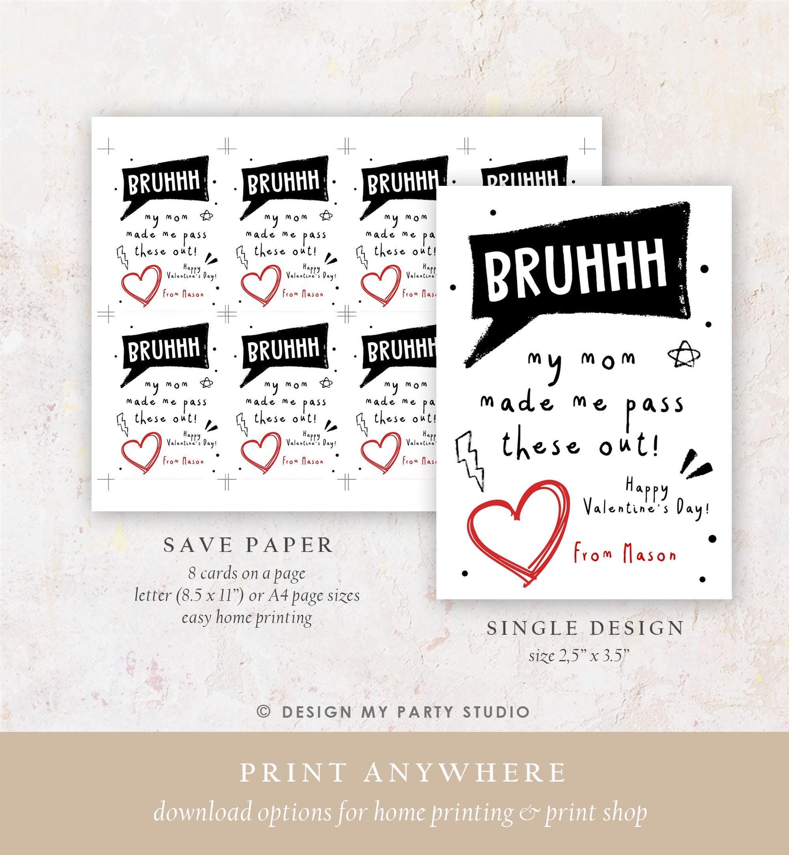 Editable Funny Valentine's Day Card Slang Valentine Kids Bruh Teen Boys Tween Tag Kids School Classroom Card Digital Template Printable 0370