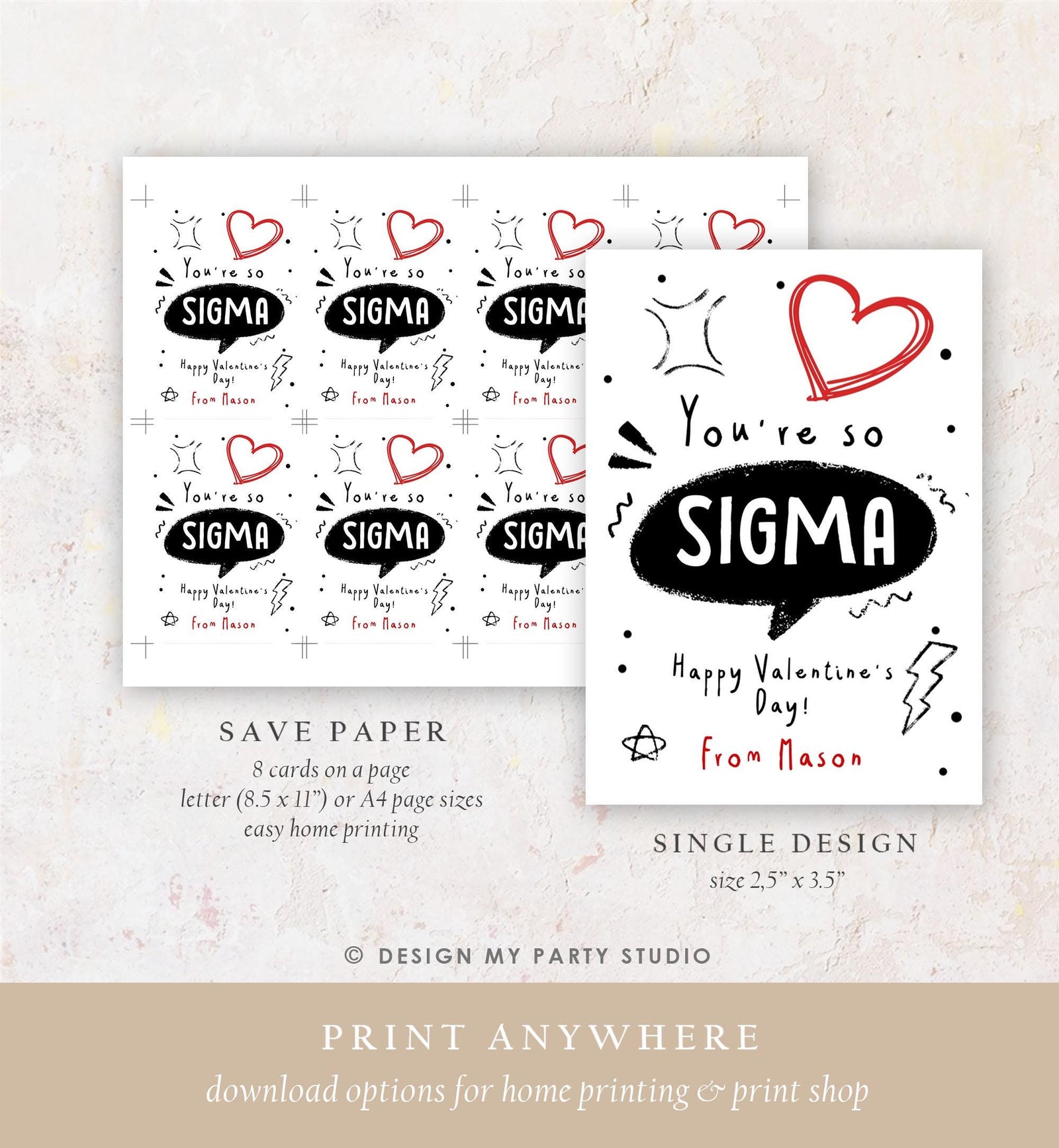 Editable Funny Valentine's Day Card Slang Valentine Kids Sigma Teen Boys Tween Tag Kids School Classroom Digital Template Printable 0370