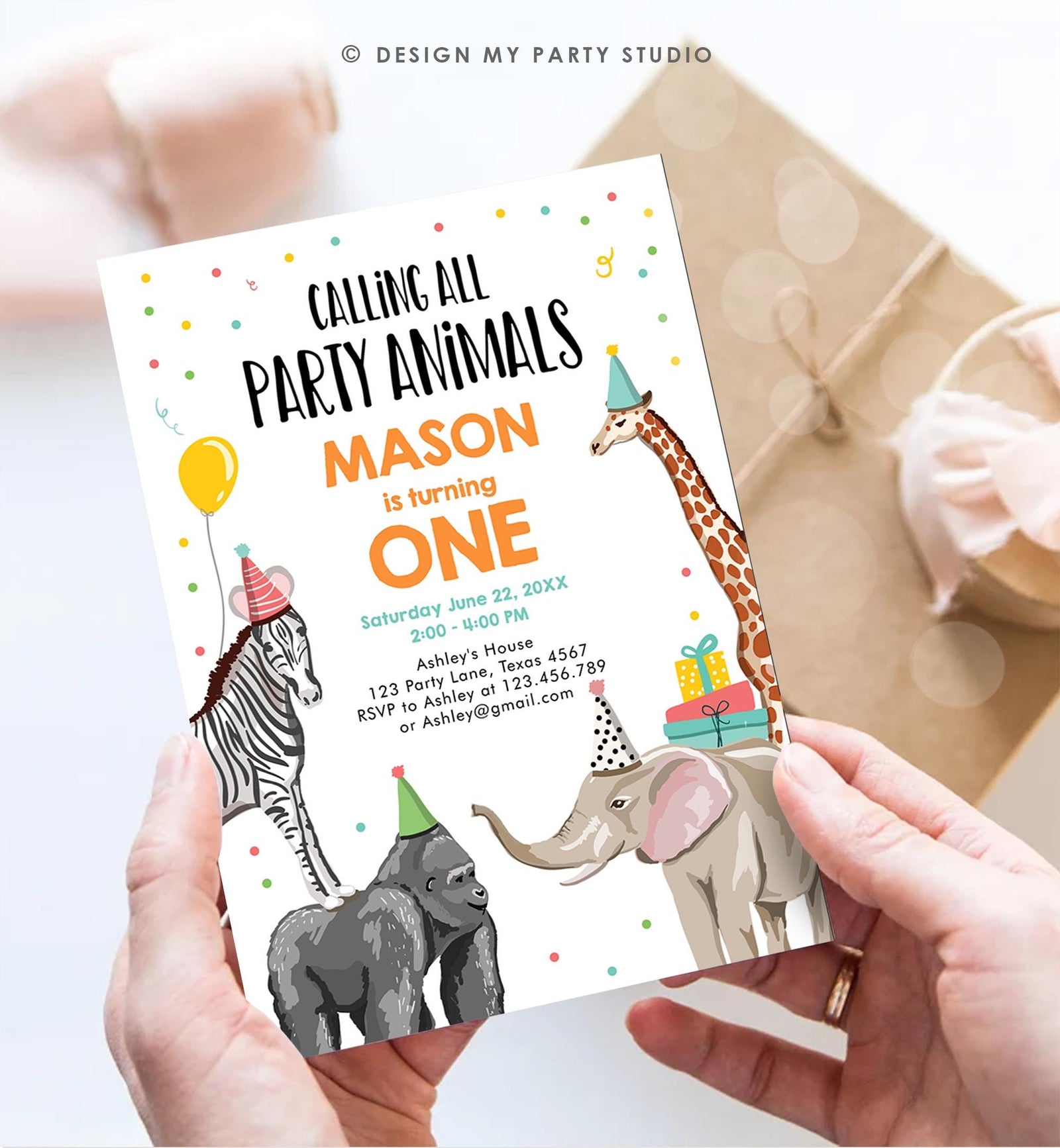 Editable Party Animals Birthday Invitation Wild One Animals Invitation Zoo Safari Animals Boy Download Digital Template Printable 0142