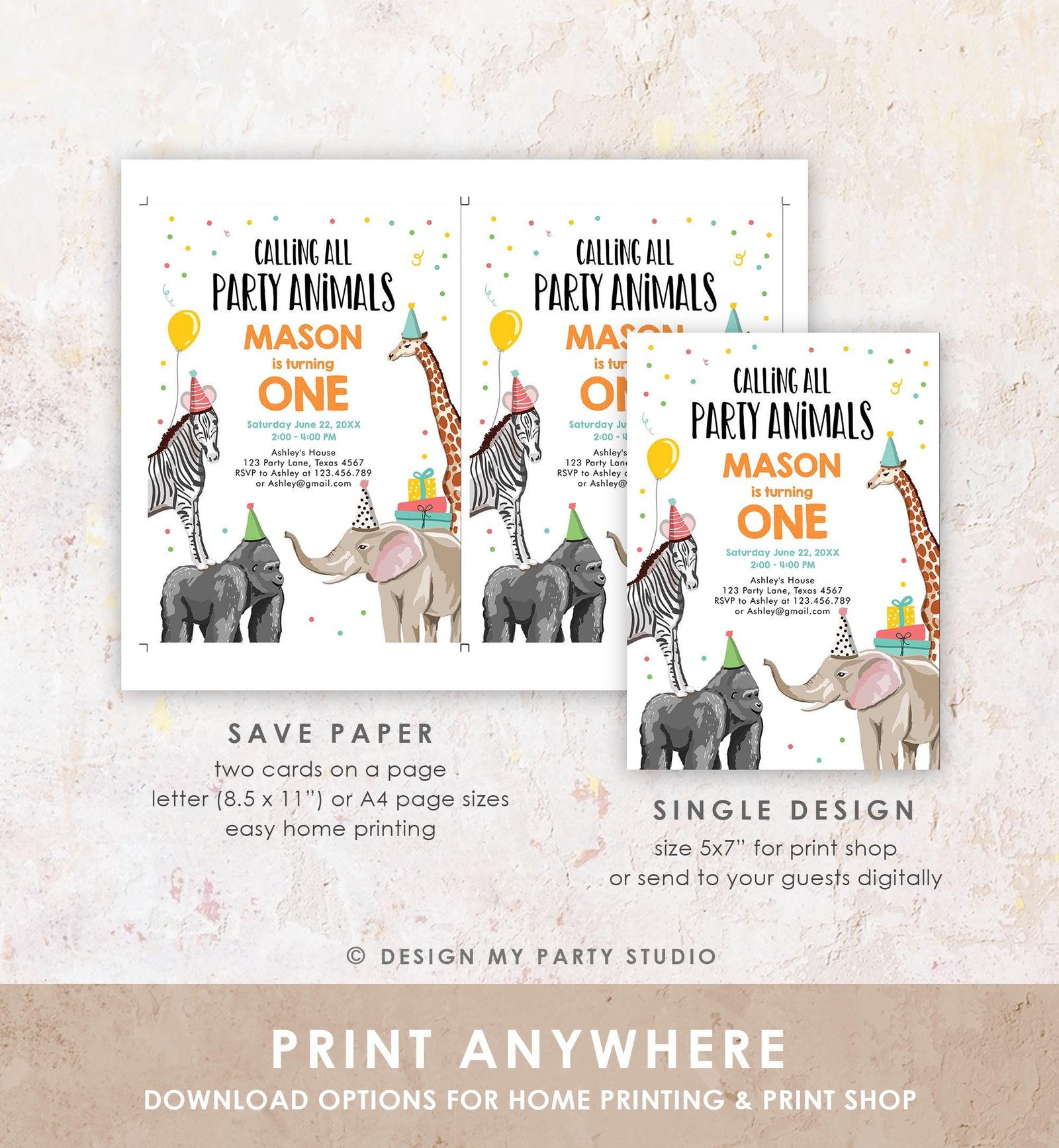 Editable Party Animals Birthday Invitation Wild One Animals Invitation Zoo Safari Animals Boy Download Digital Template Printable 0142