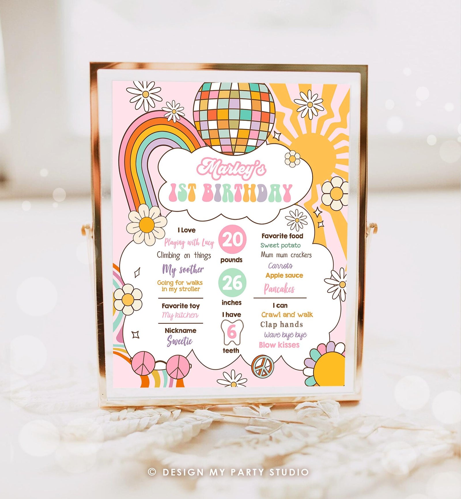 Editable Retro Groovy Birthday Milestones Sign Girl 1st First Hippie Flower Power 70's Boho Download Digital Template Printable 0538
