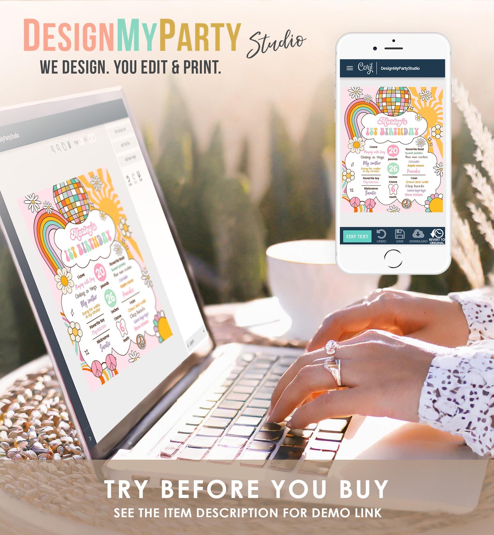 Editable Retro Groovy Birthday Milestones Sign Girl 1st First Hippie Flower Power 70's Boho Download Digital Template Printable 0538