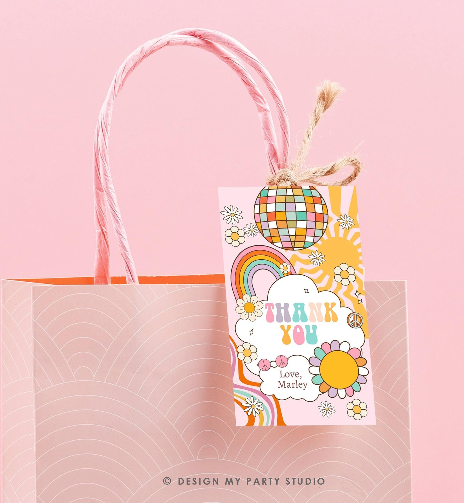 Editable Groovy Retro Favor Tag Disco Birthday Thank You Tag Girl Retro 70's Party Flower Power Hippie Digital Template Printable 0538