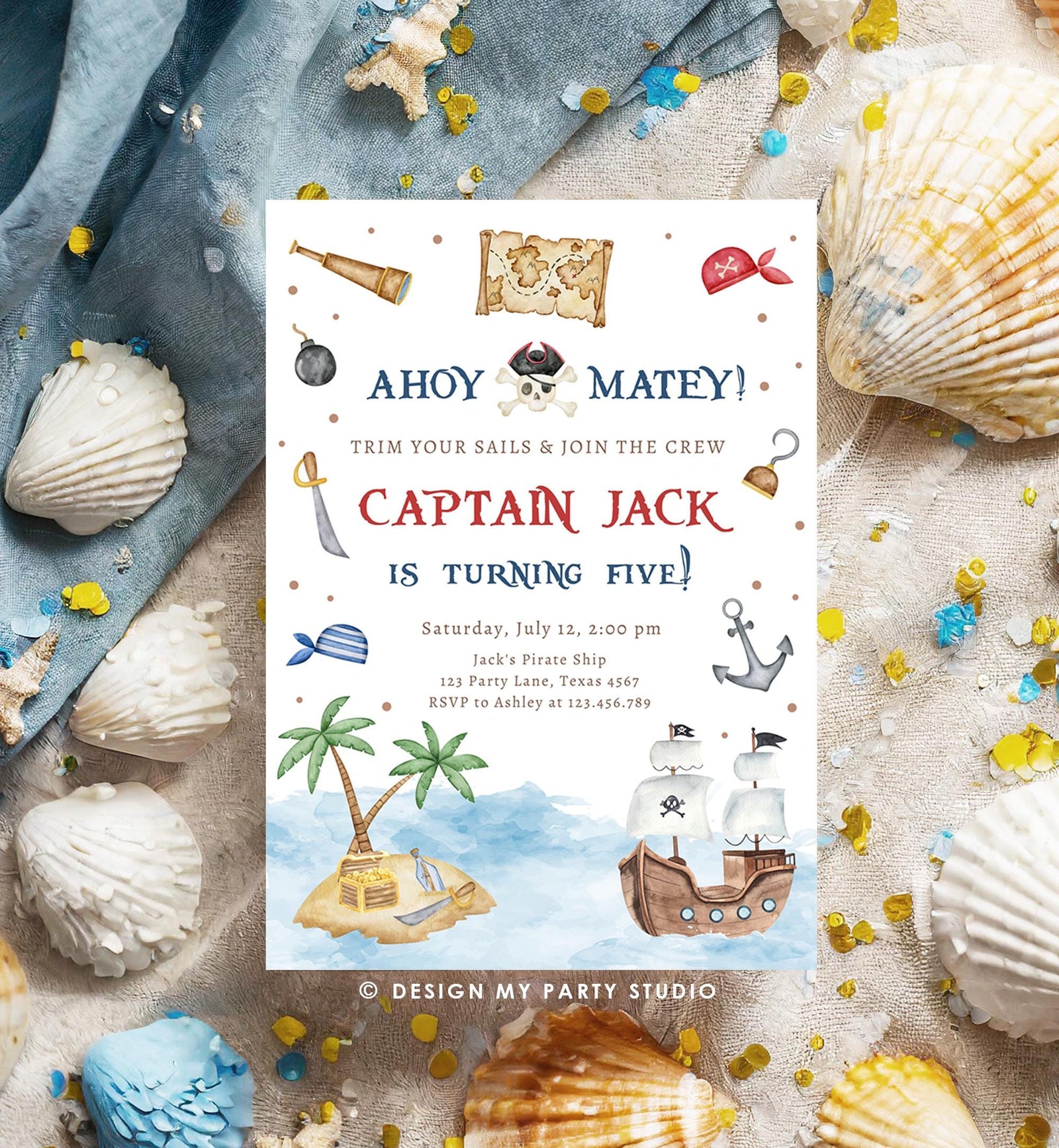 Editable Ahoy Matey Pirate Birthday Invitation Pirates Party Nautical Adventure Ship Treasure Island Digital Evite Template Printable 0531