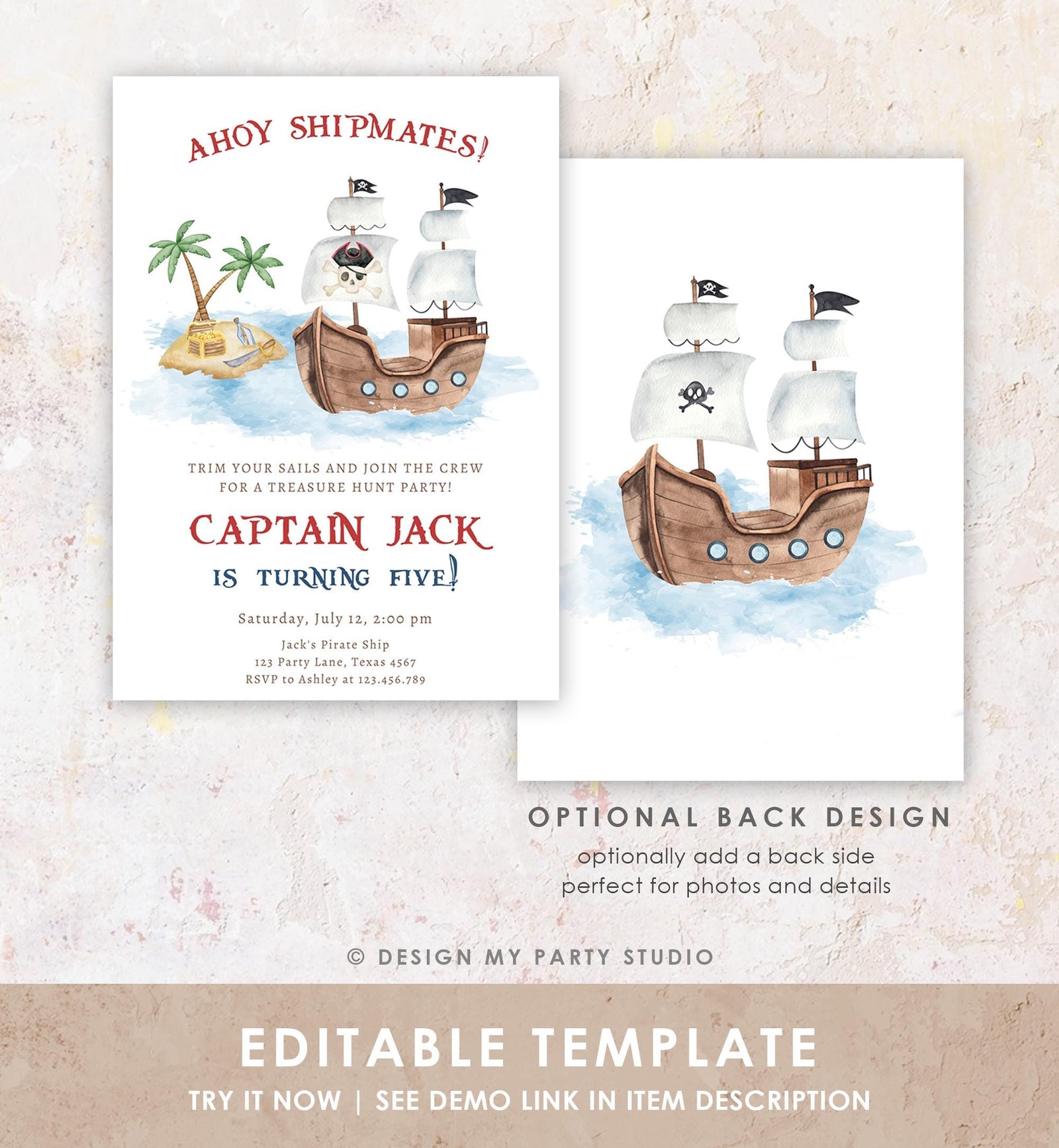 Editable Ahoy Shipmates Pirate Birthday Invitation Pirates Party Nautical Adventure Ship Treasure Map Digital Evite Template Printable 0531