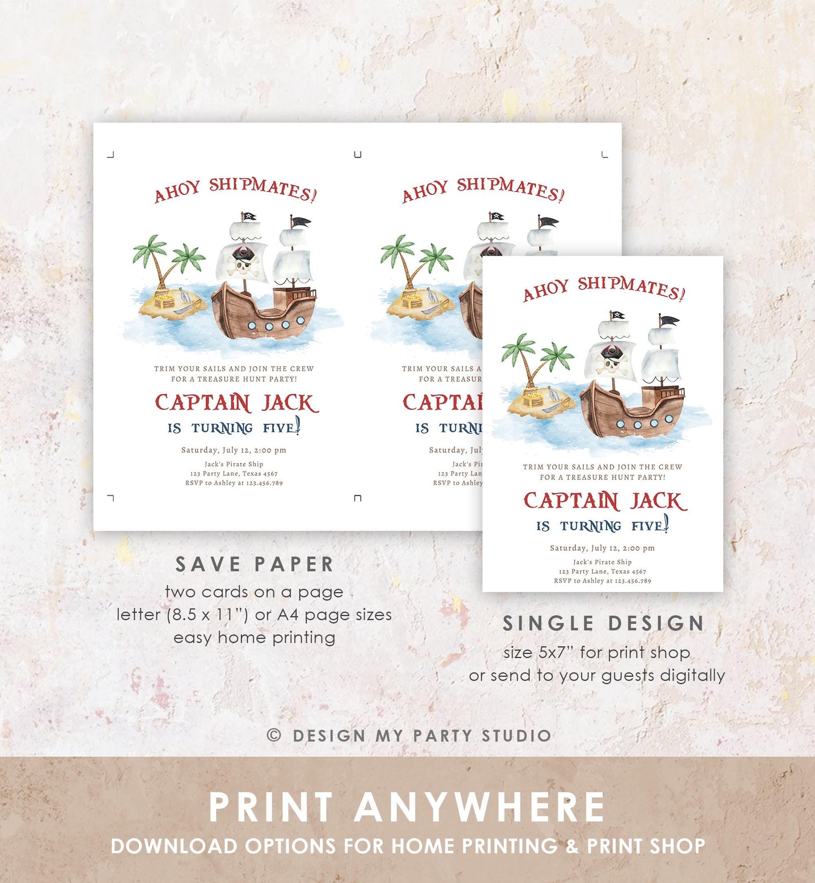 Editable Ahoy Shipmates Pirate Birthday Invitation Pirates Party Nautical Adventure Ship Treasure Map Digital Evite Template Printable 0531