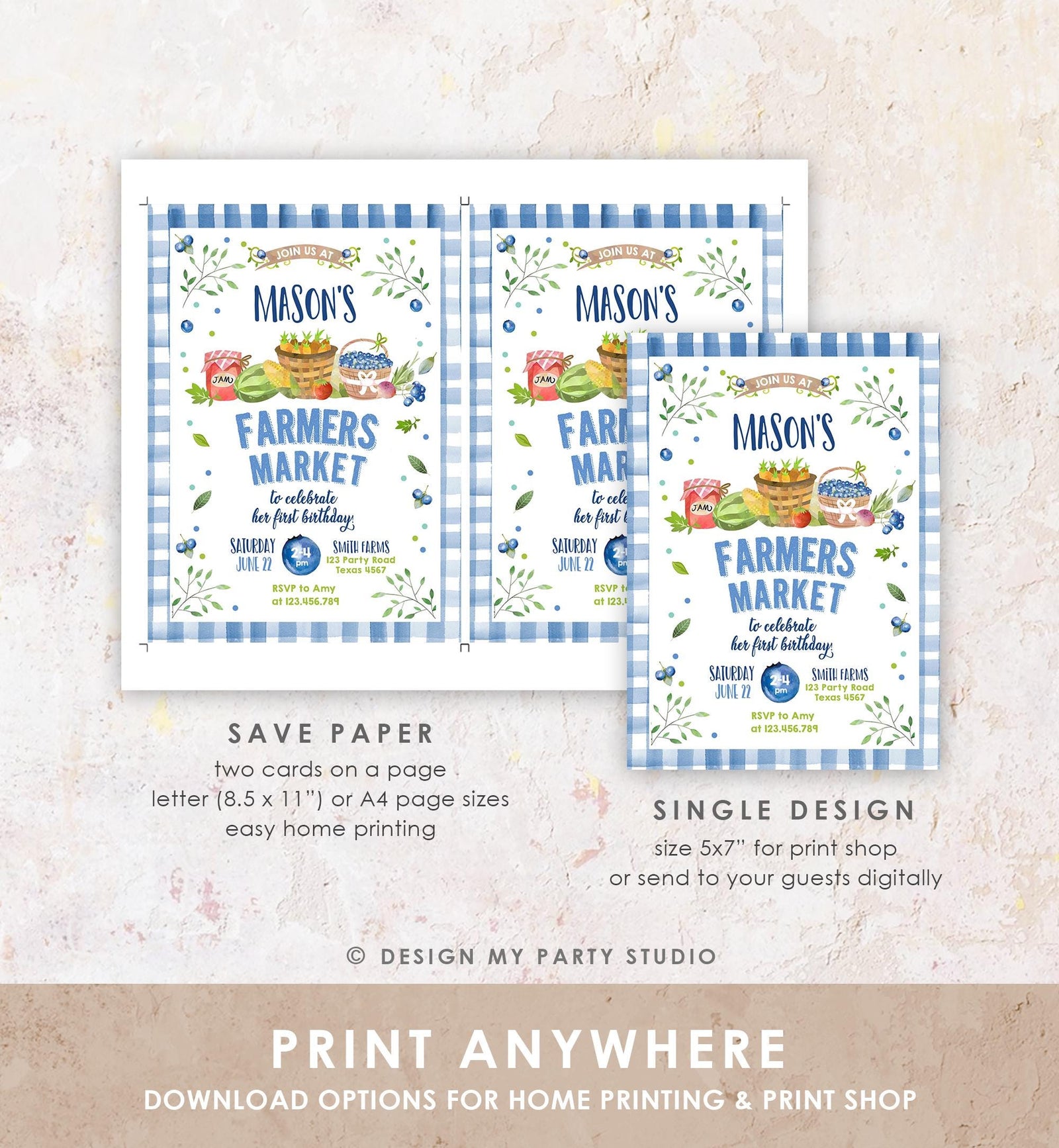 Editable Farmers Market Birthday Invitation Blueberry Strawberry Farm Party Fruits Market Home Grown Digital Evite Template Printable 0144