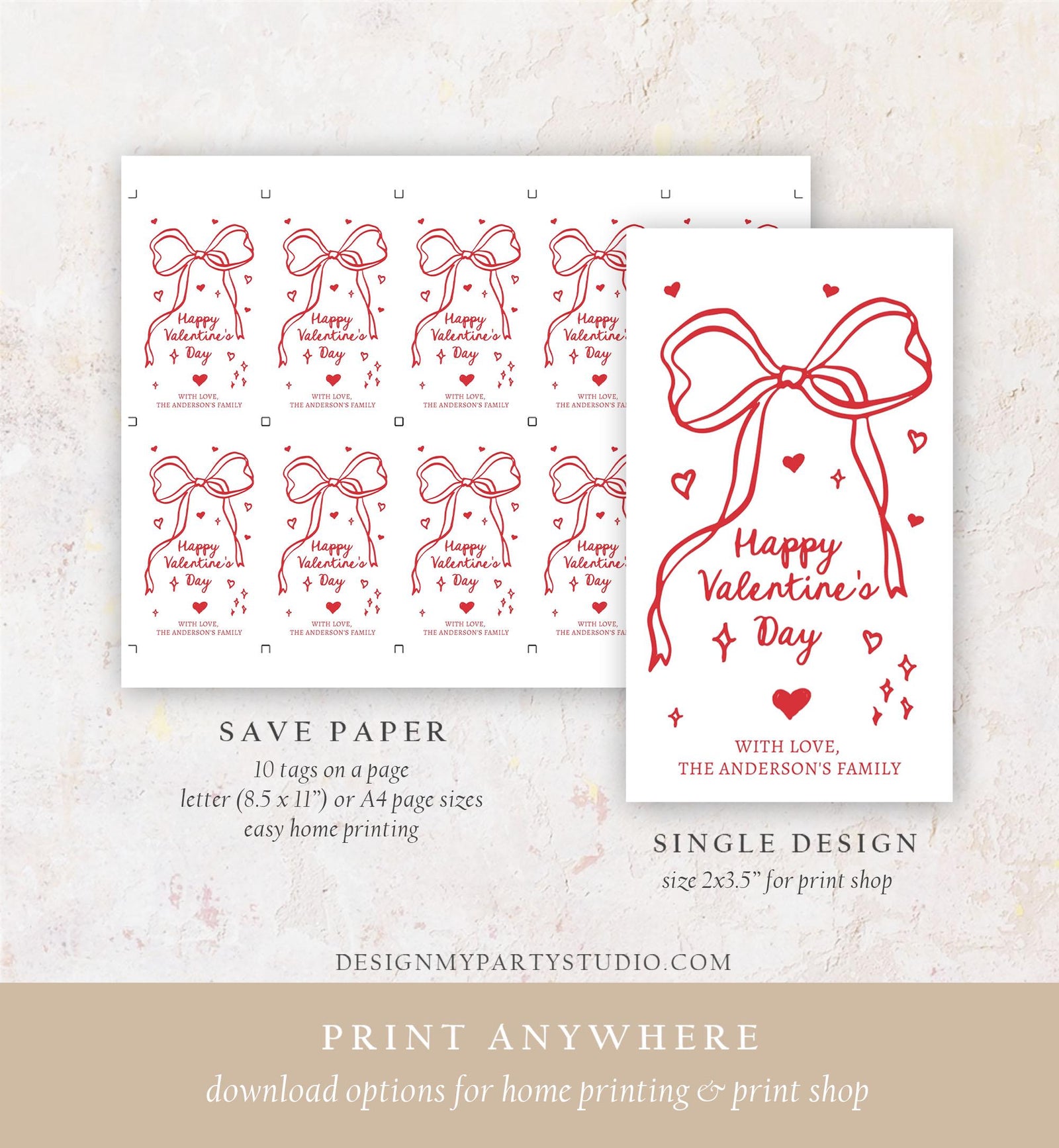 Editable Valentine's Day Tag Pink Red Bow Valentine Gift Tag Doodle Hand Drawn Coquette Kids Teacher Digital Template Printable 0370 0530