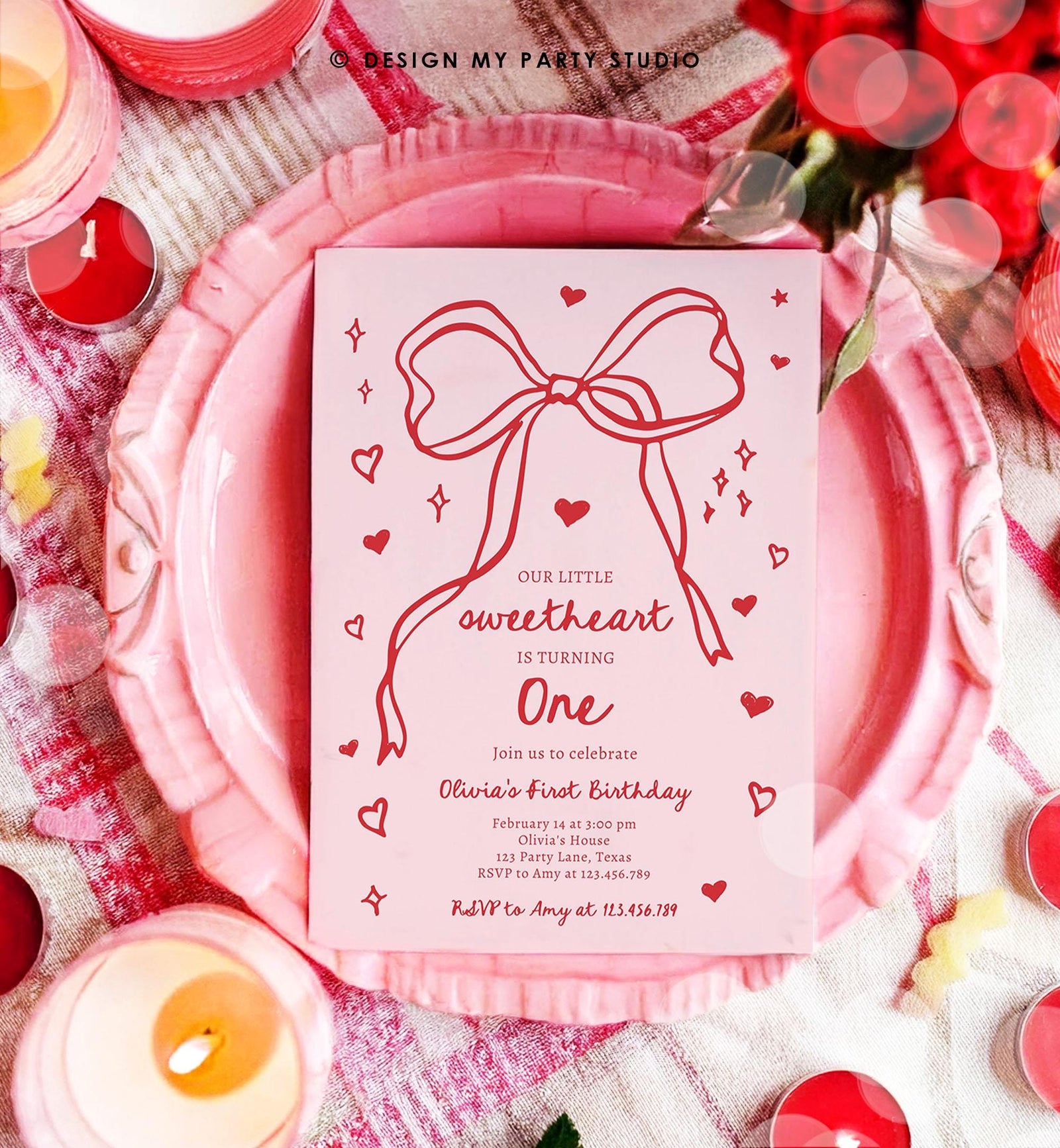 Editable Sweetheart Birthday Invitation Girls Pink Hearts Valentine Birthday 1st Hand Drawn Coquette Bow Doodle Evite Template Digital 0530