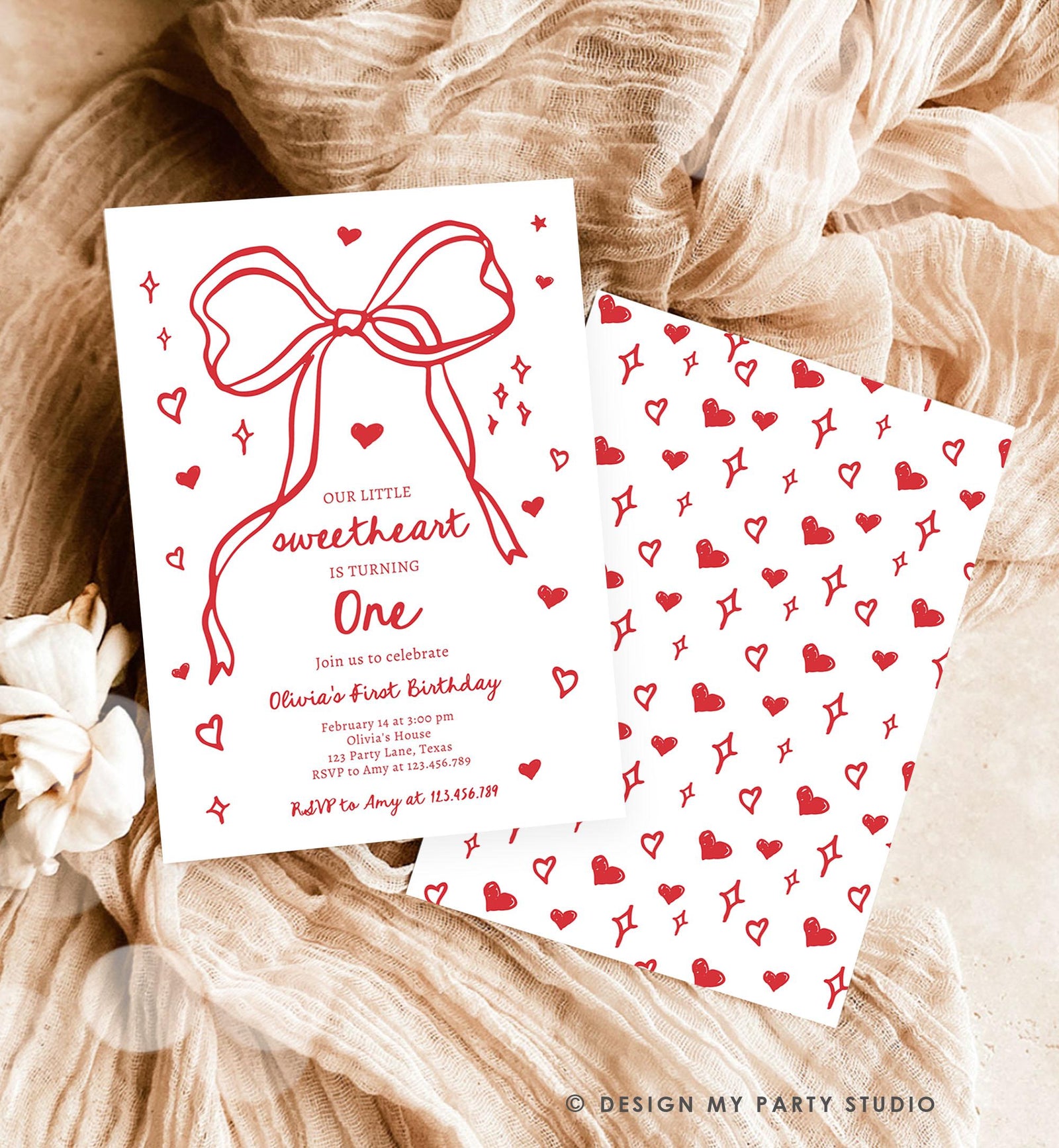 Editable Sweetheart Birthday Invitation Girls Pink Hearts Valentine Birthday 1st Hand Drawn Coquette Bow Doodle Evite Template Digital 0530