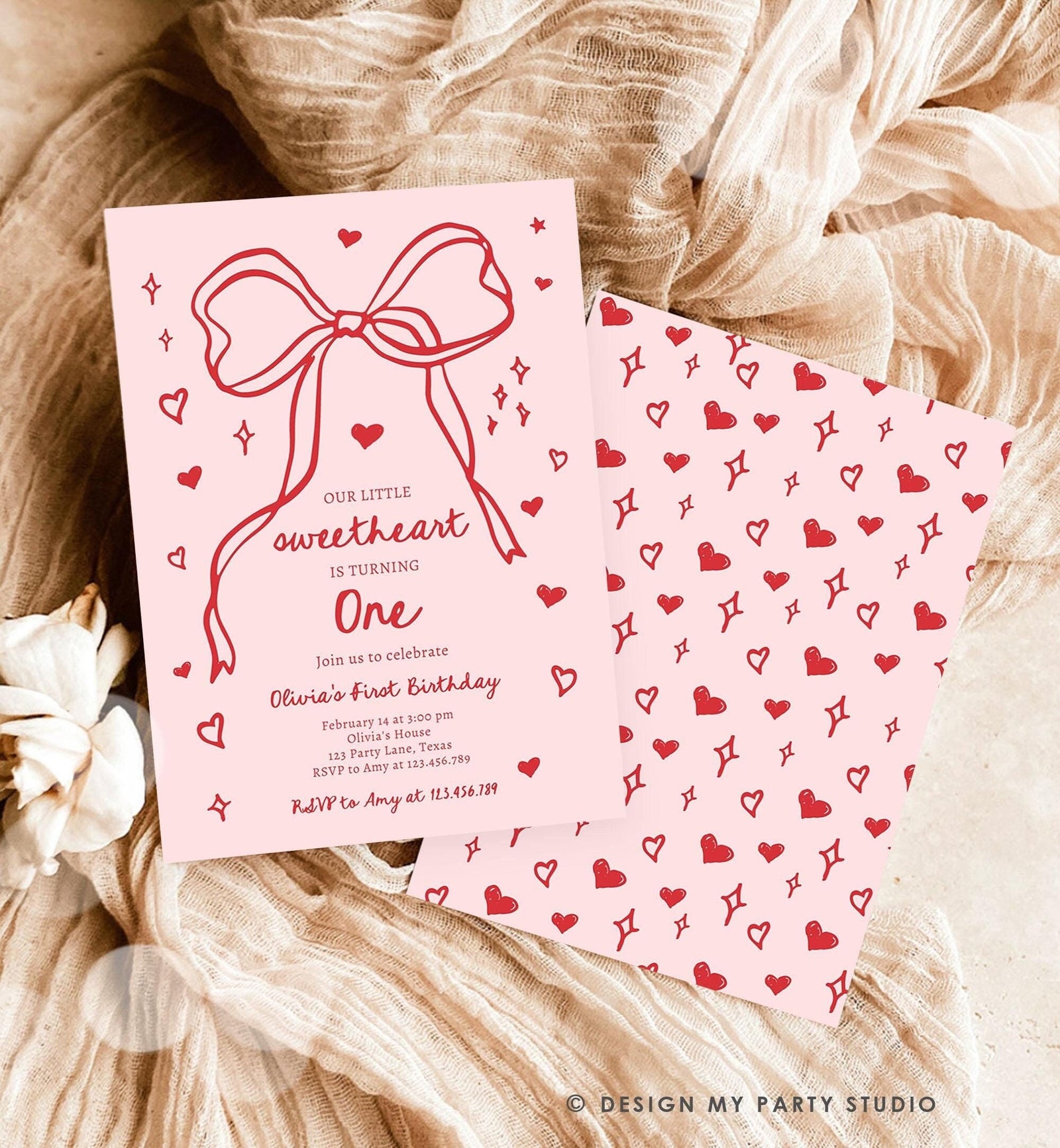 Editable Sweetheart Birthday Invitation Girls Pink Hearts Valentine Birthday 1st Hand Drawn Coquette Bow Doodle Evite Template Digital 0530