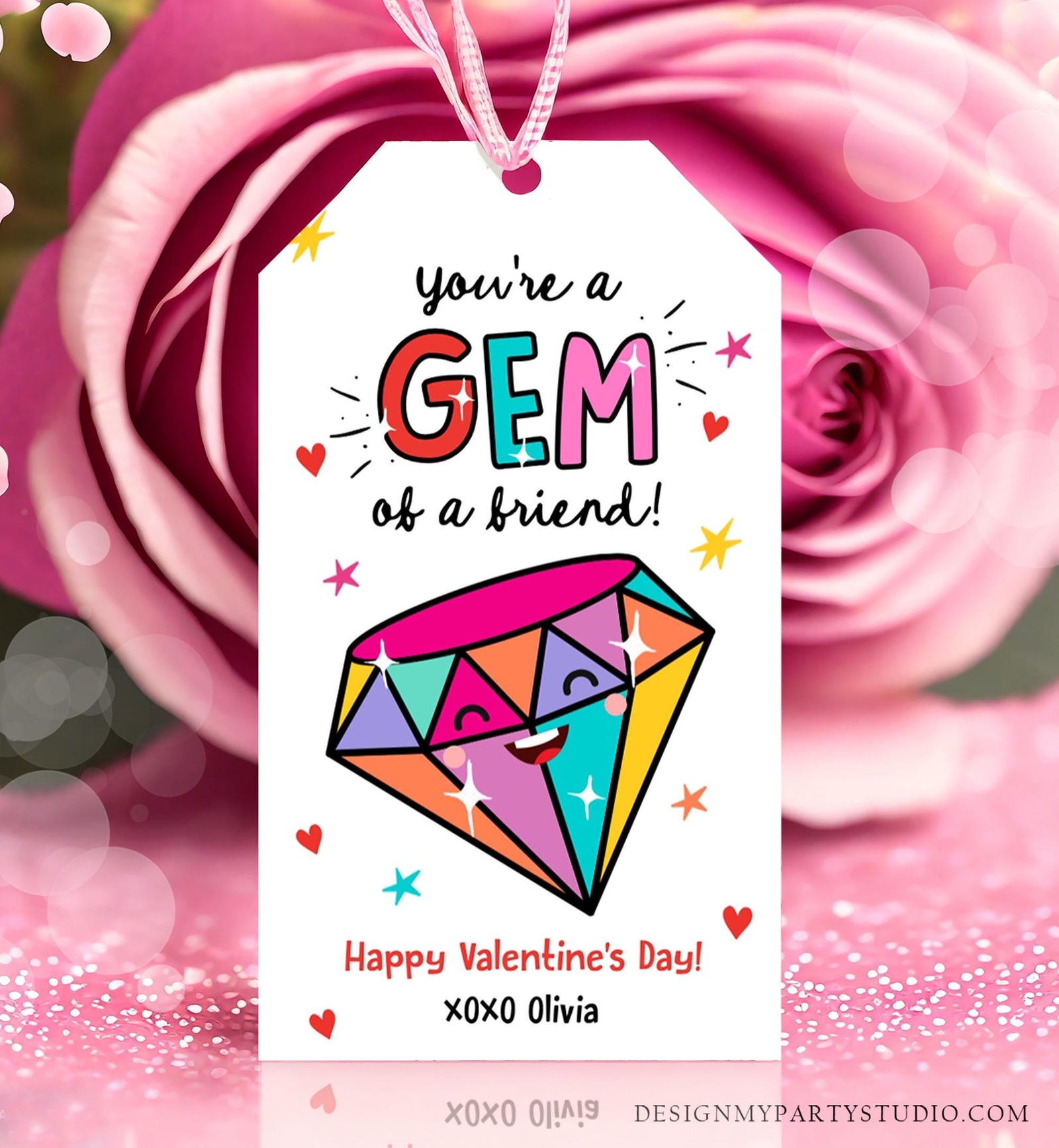 Editable Valentines Day Card You're a Gem of a Friend Classroom Valentine's Gift Tag Kids School Template Printable Digital Download 0370