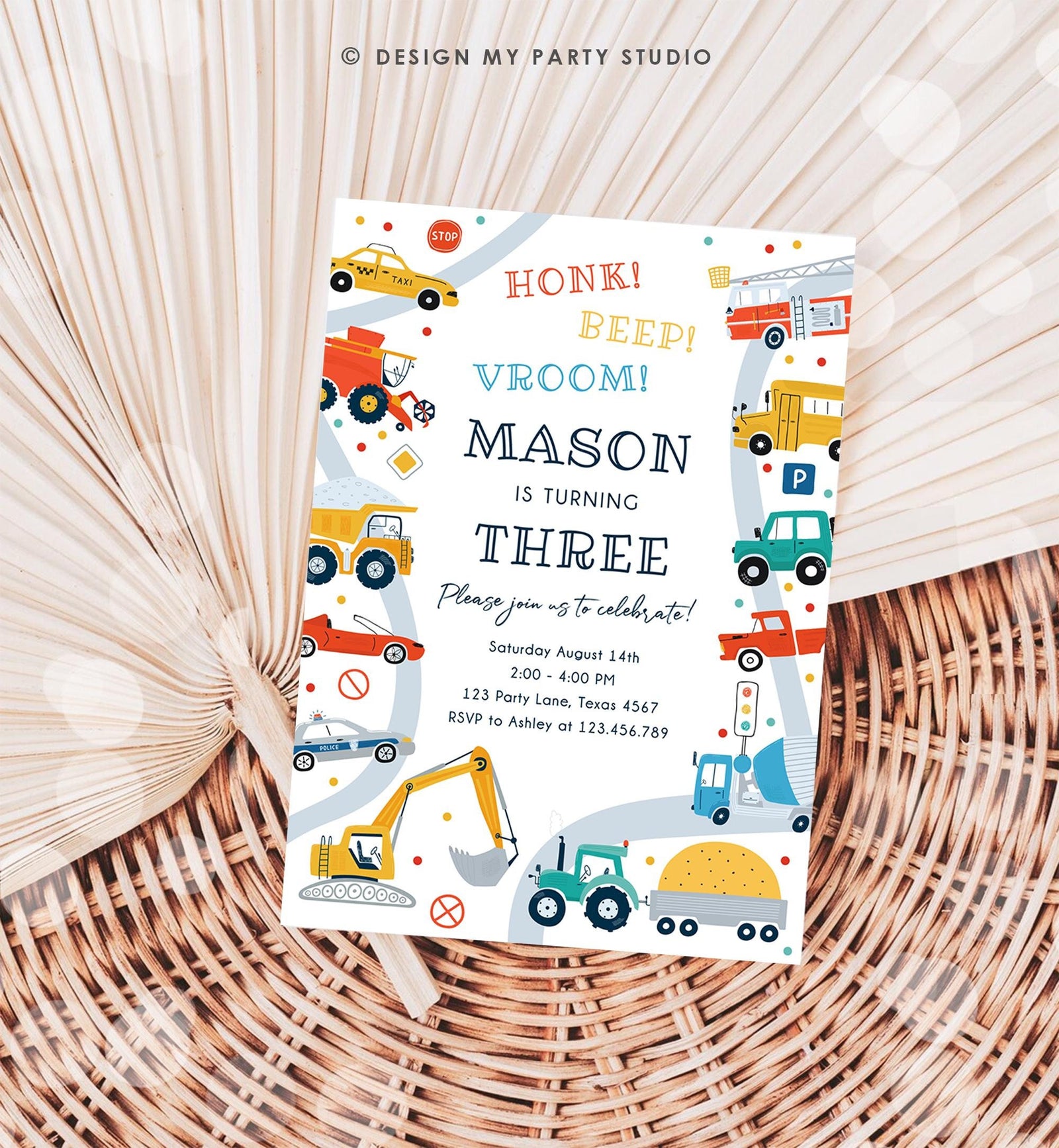 Editable Transportation Birthday Invitation Honk Beep Vroom Truck Cars Transport Boy Modern Digital Download Evite Template Printable 0533