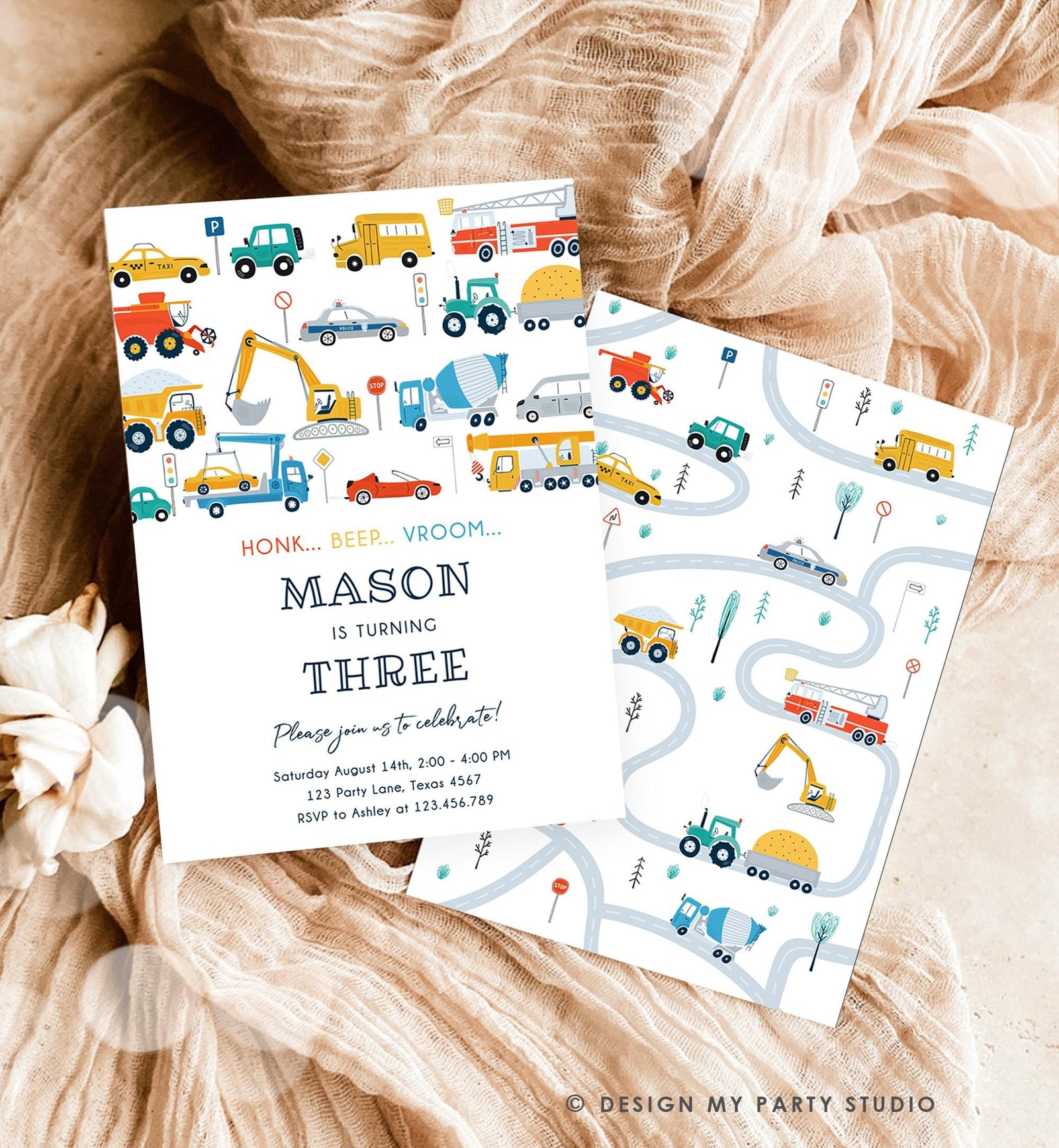 Editable Transportation Birthday Invitation Honk Beep Vroom Truck Cars Transport Boy Modern Digital Download Evite Template Printable 0533