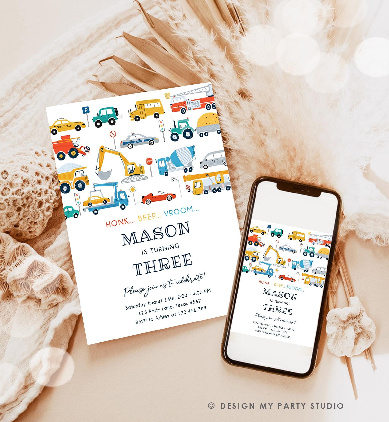 Editable Transportation Birthday Invitation Honk Beep Vroom Truck Cars Transport Boy Modern Digital Download Evite Template Printable 0533