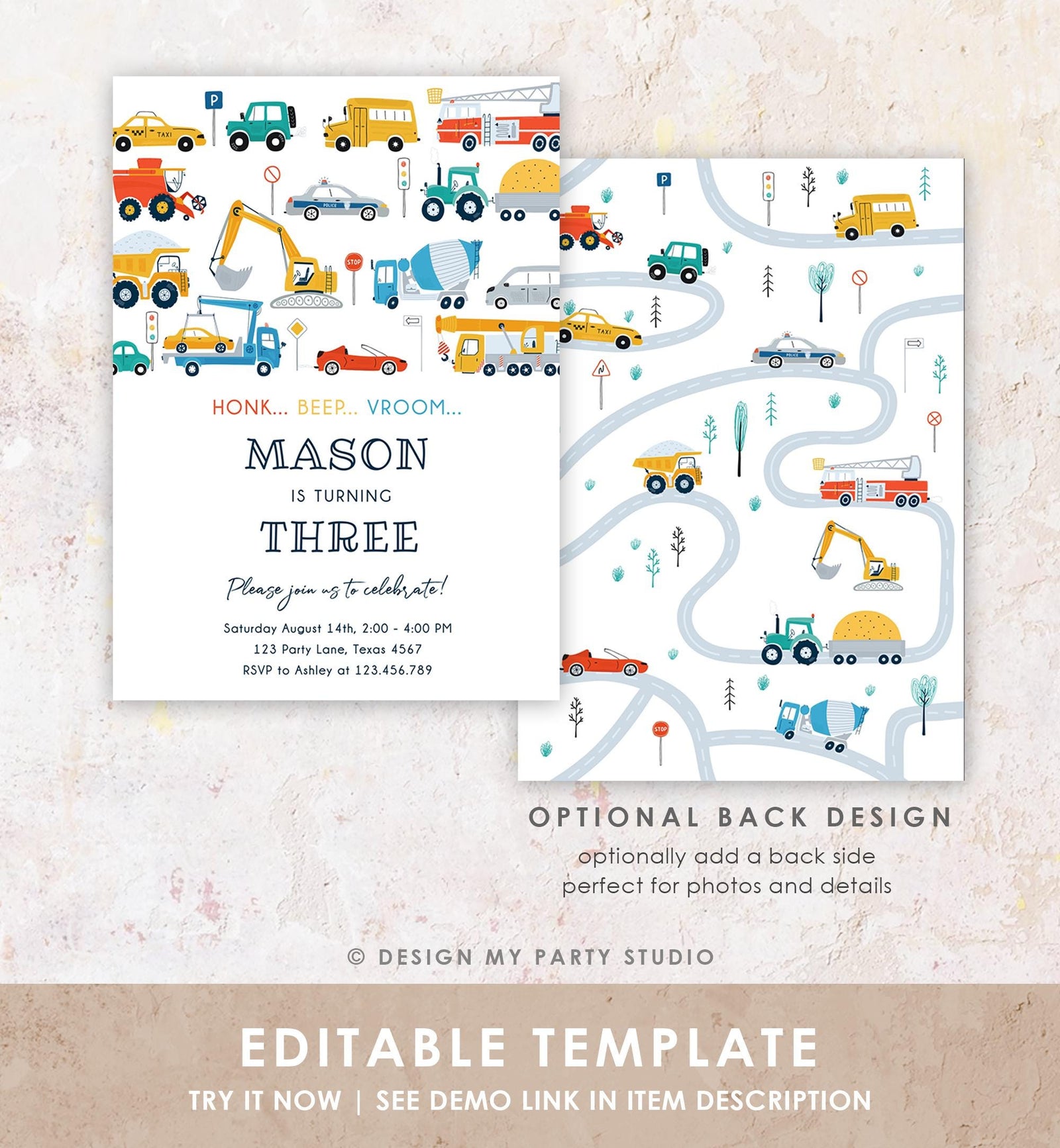 Editable Transportation Birthday Invitation Honk Beep Vroom Truck Cars Transport Boy Modern Digital Download Evite Template Printable 0533