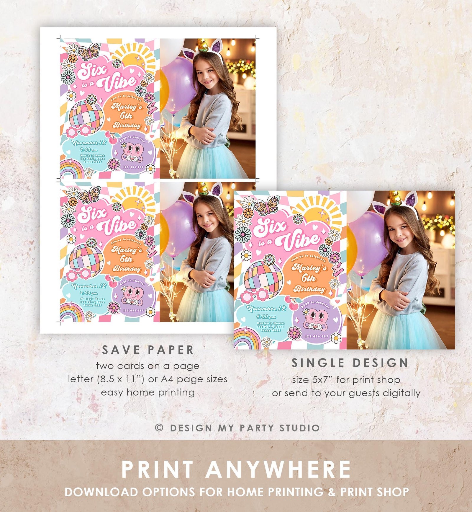 Editable Six is a Vibe Groovy 6th Birthday Party Invitation Groovy Hippie Peace Preppy Varsity Disco Digital Evite Template Printable 0524