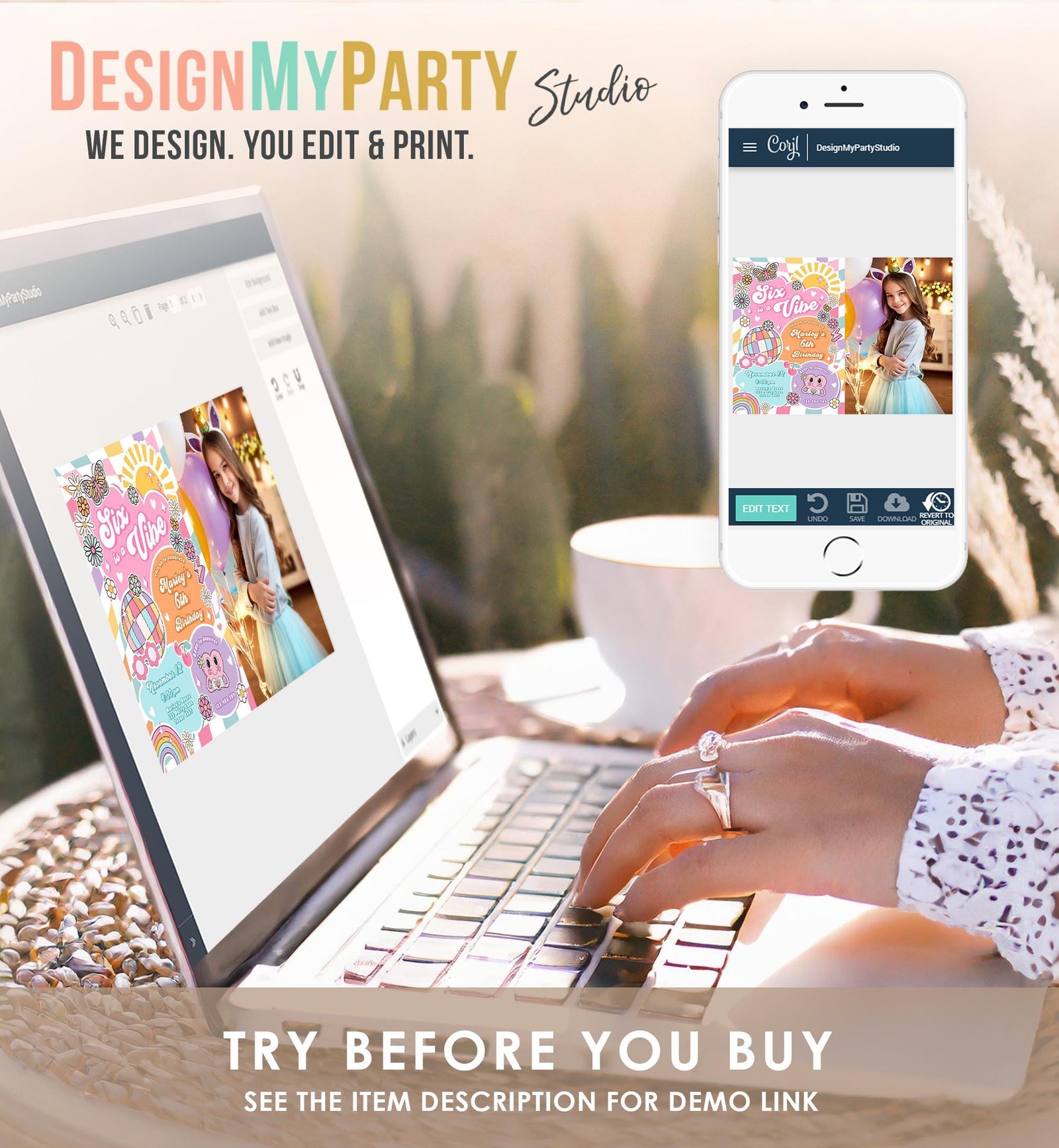 Editable Six is a Vibe Groovy 6th Birthday Party Invitation Groovy Hippie Peace Preppy Varsity Disco Digital Evite Template Printable 0524