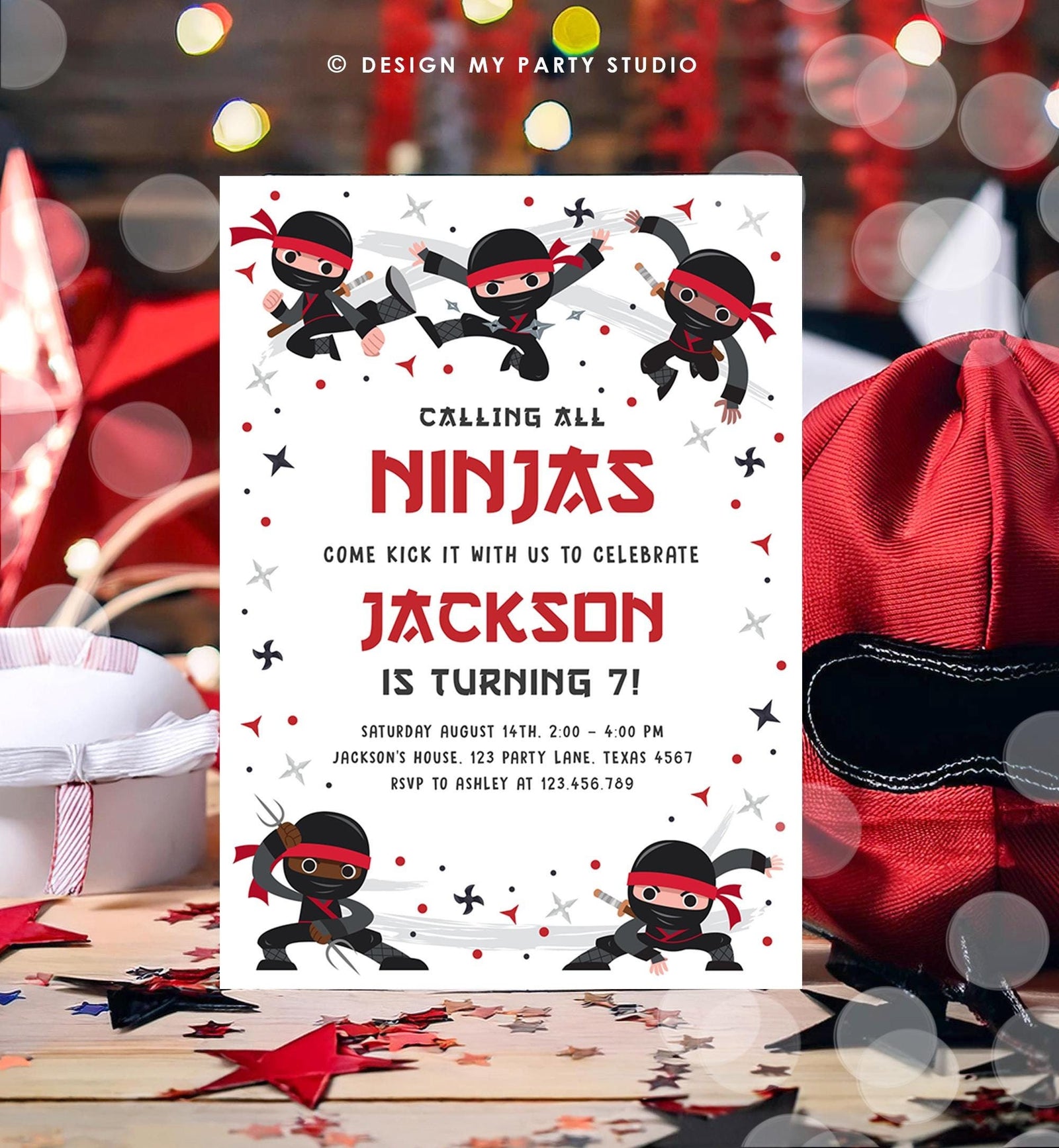 Editable Ninja Birthday Invitation Boy Red Martial Arts Party Warrior Karate Ninjutsu Digital Download Evite Template Printable 0534