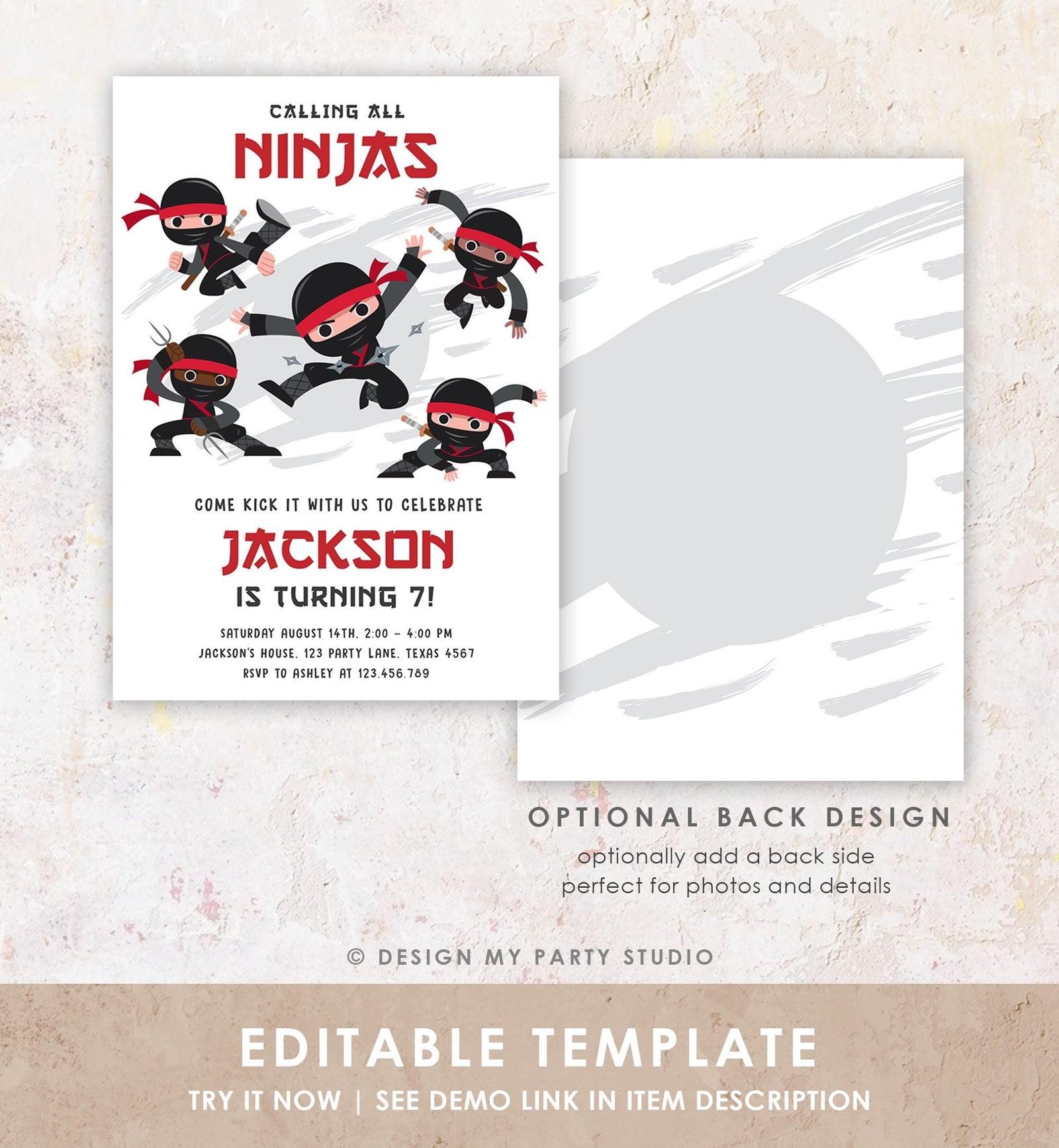 Editable Ninja Birthday Invitation Boy Red Martial Arts Party Warrior Karate Ninjutsu Digital Download Evite Template Printable 0534