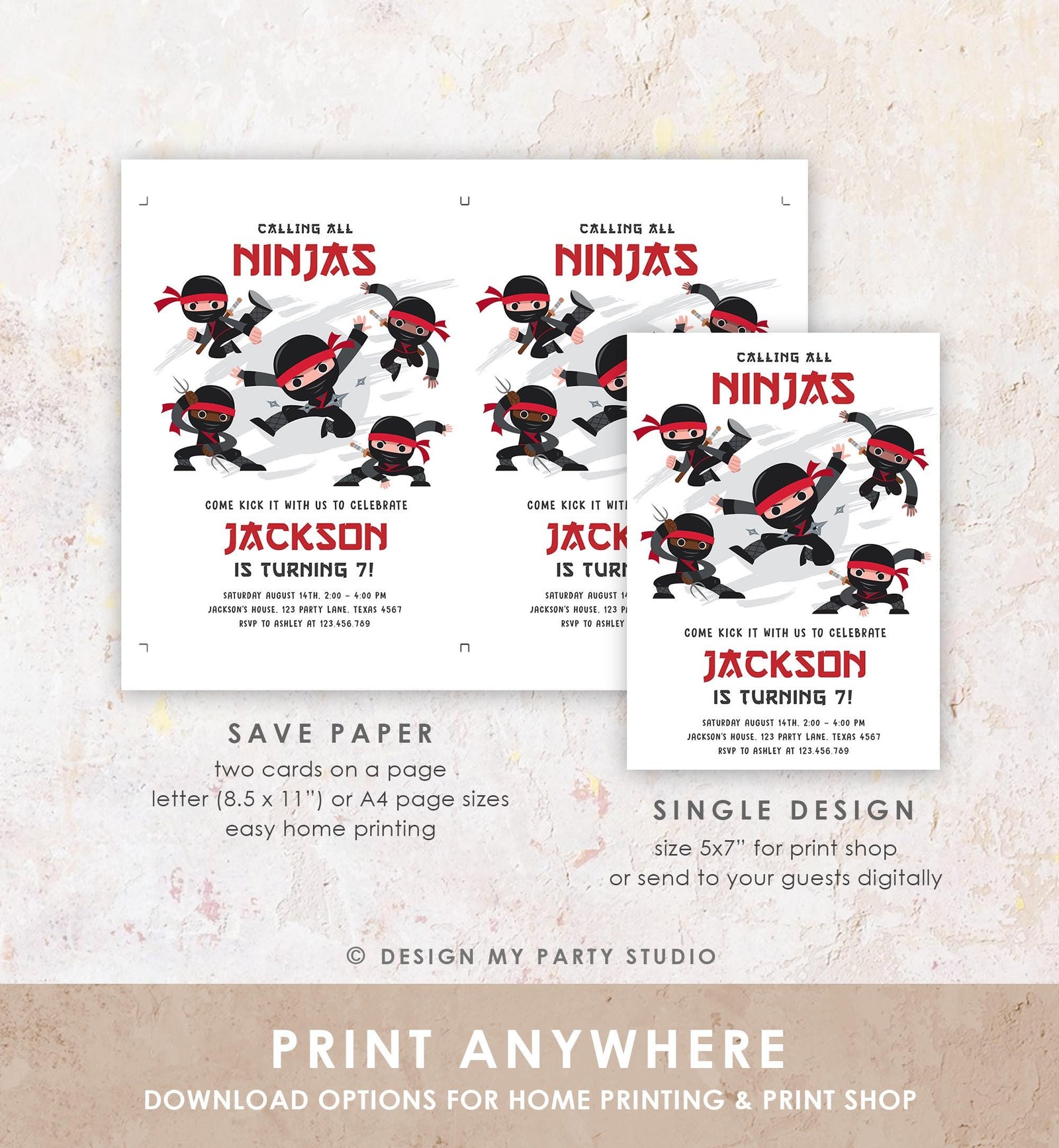 Editable Ninja Birthday Invitation Boy Red Martial Arts Party Warrior Karate Ninjutsu Digital Download Evite Template Printable 0534