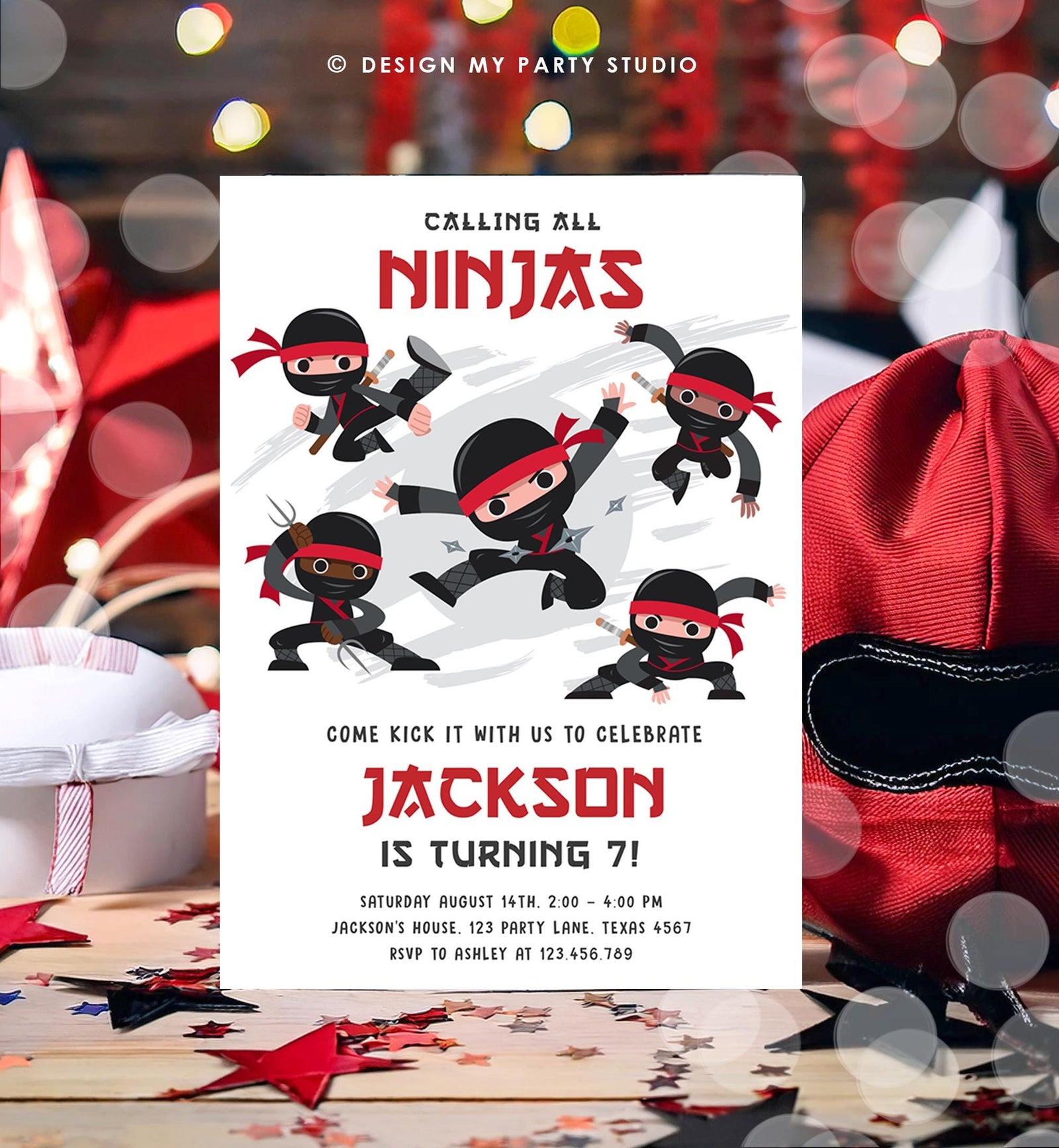 Editable Ninja Birthday Invitation Boy Red Martial Arts Party Warrior Karate Ninjutsu Digital Download Evite Template Printable 0534