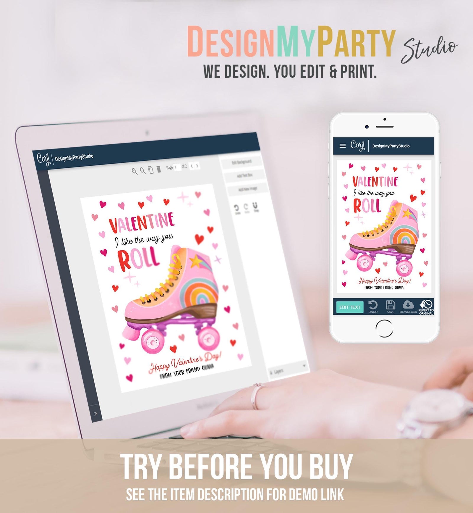 Editable Roller Skate Valentine Treat Valentines Day Card I Like The Way You Roll Kids School Classroom Digital Template Printable 0370