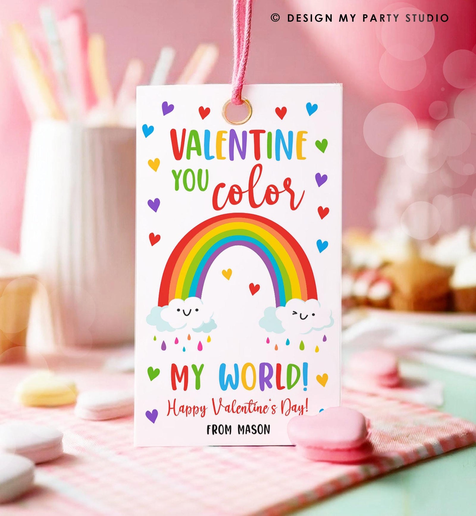 Editable Rainbow Valentine's Day Gift Tag You Color My World Valentine Card Crayon Classroom School Digital Download Template Printable 0370