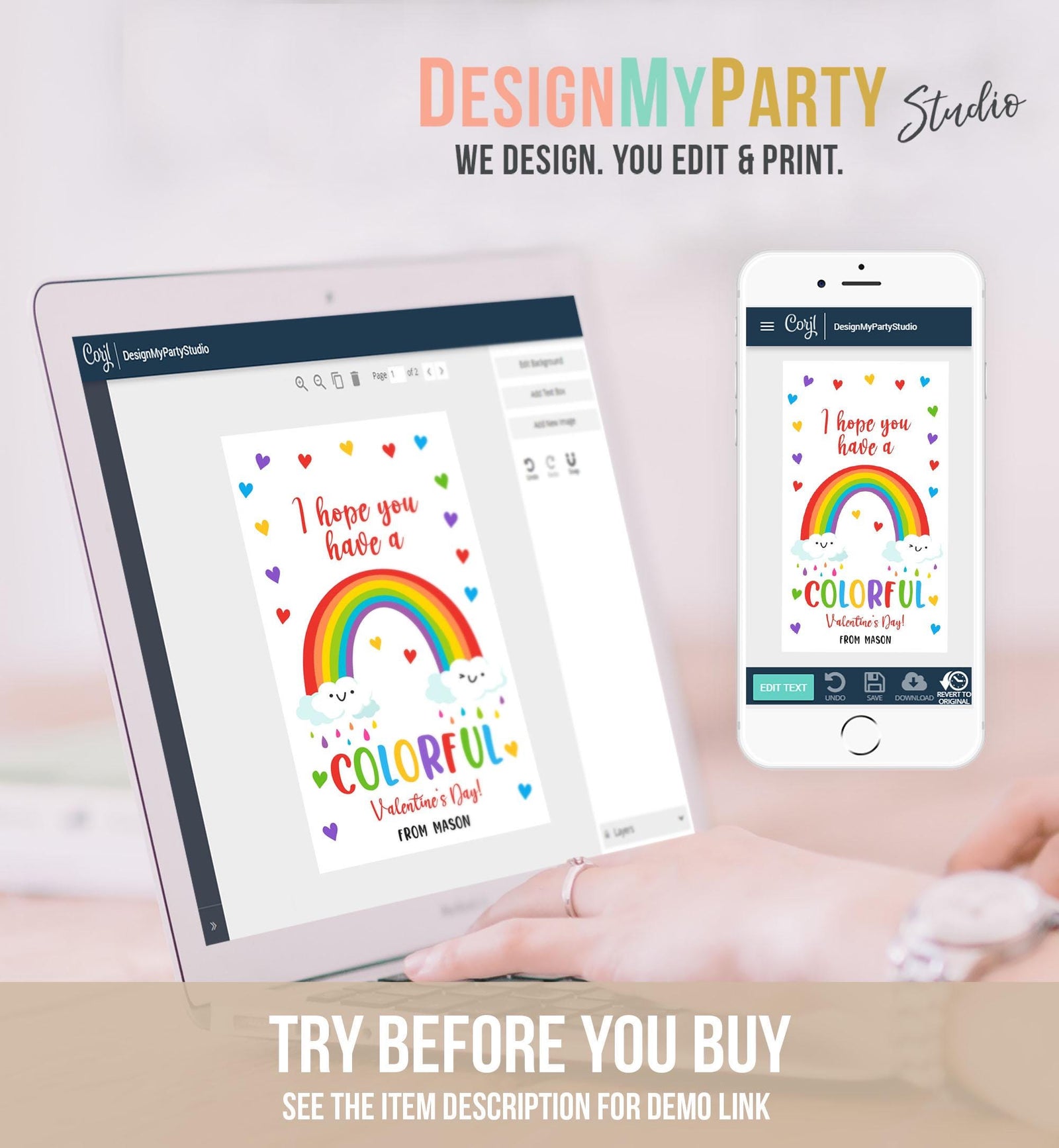 Editable Rainbow Valentine's Day Gift Tag Color Colorful Valentine Card Crayon Classroom School Digital Download Template Printable 0370