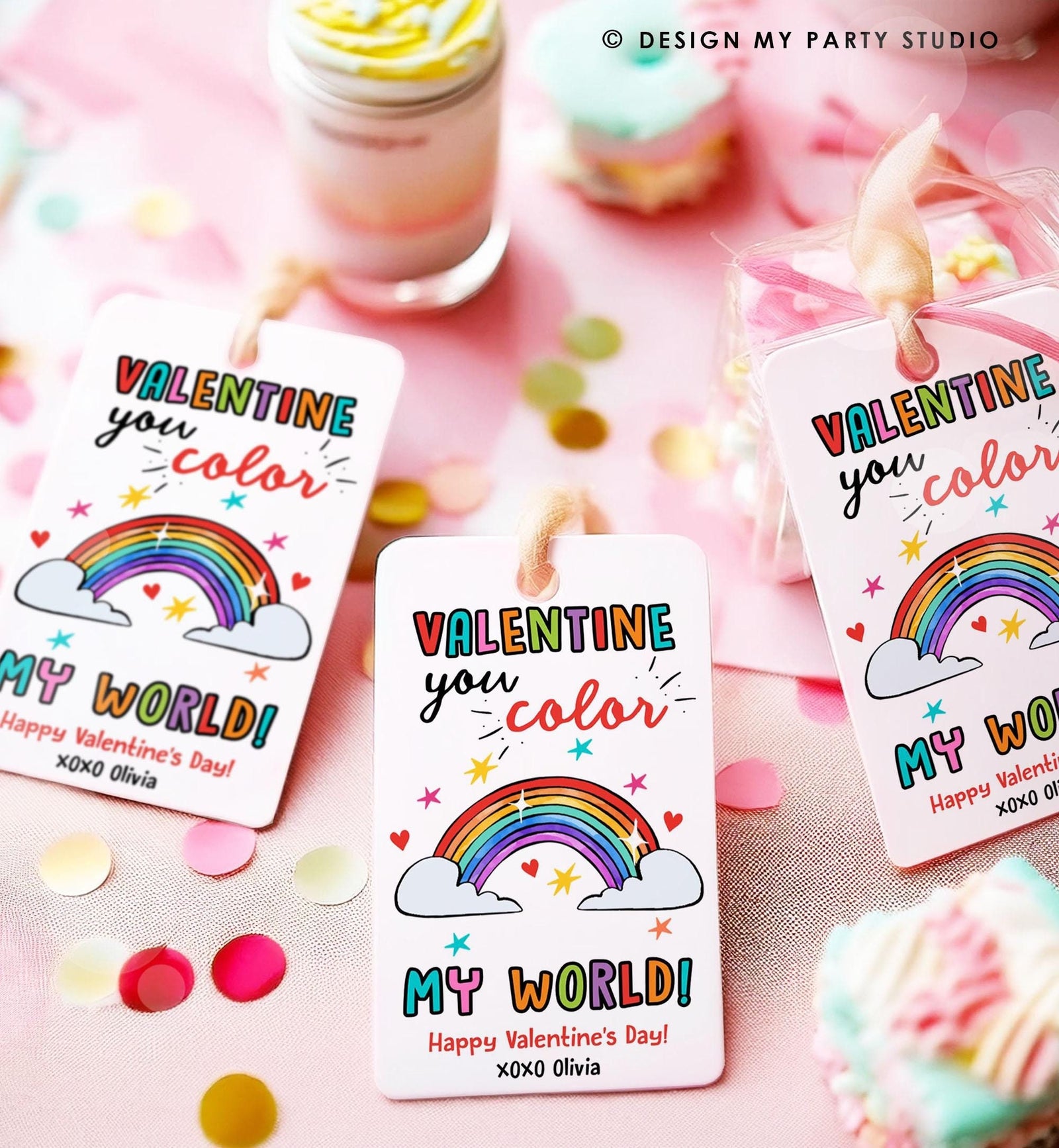 Editable Rainbow Valentine's Day Gift Tag You Color My World Valentine Card Crayon Classroom School Digital Download Template Printable 0370
