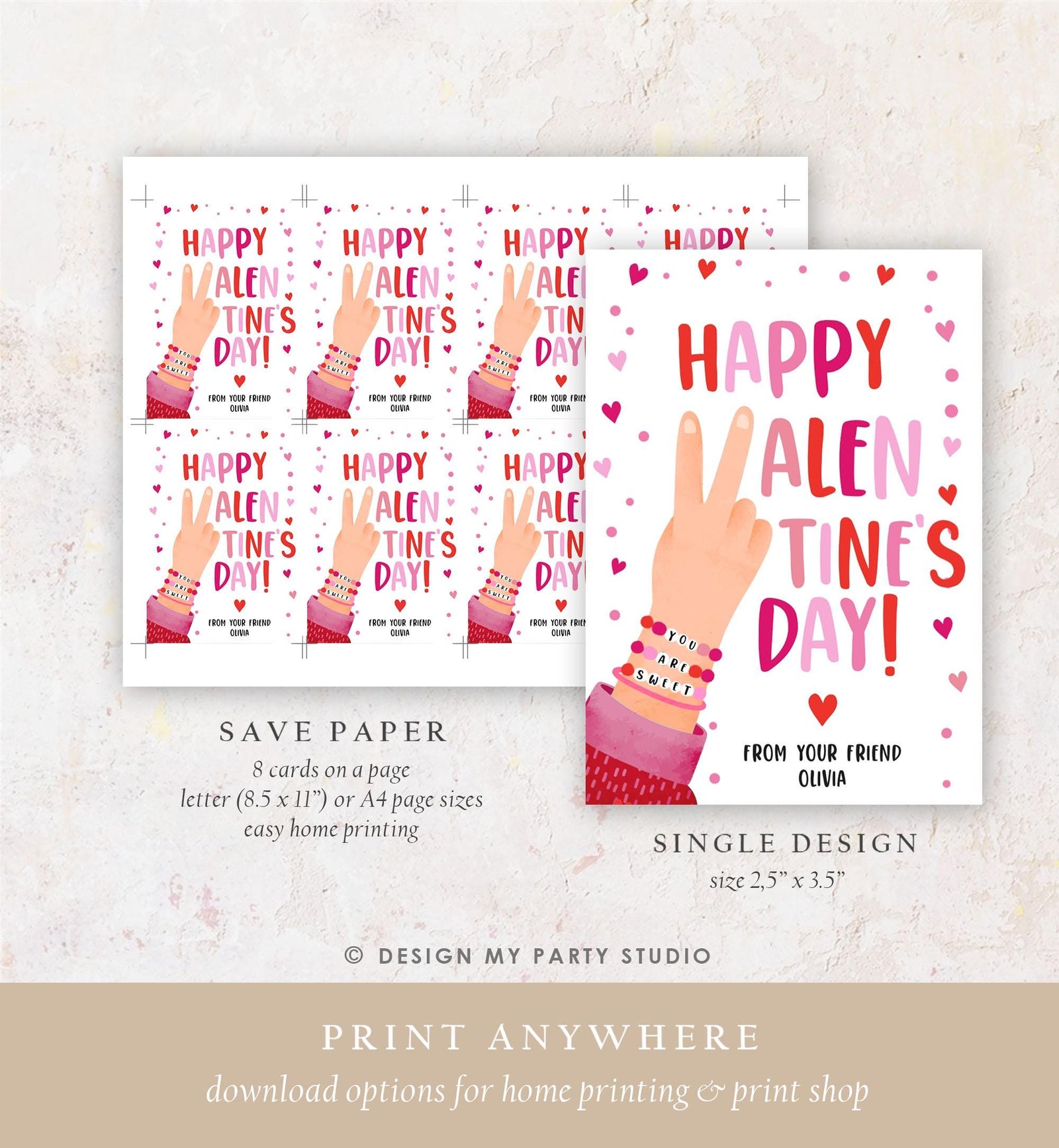 Editable Bracelet Valentines Card Happy Valentine's Day Gift Tag You Are Sweet Girls Kids School Classroom Digital Download Printable 0370
