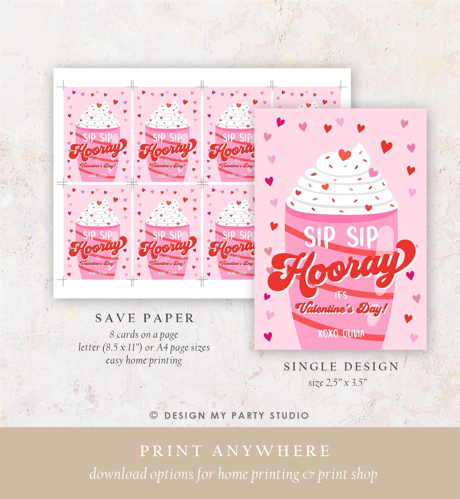 Editable Silly Straw Valentine Card Sip Sip Hooray It's Valentine's Day Crazy Straw Kids School Classroom Digital Download Printable 0370