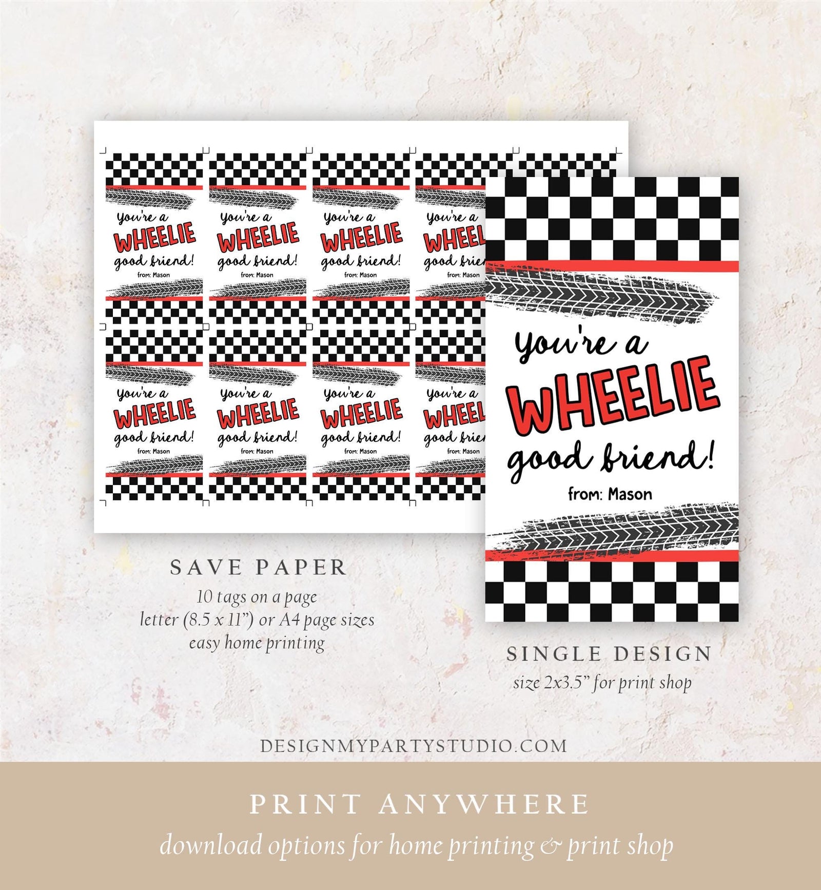 Editable Car Themed Valentine's Day Gift Tag Wheelie Good Friend Valentine Card Boys Favor Classroom School Digital Download Printable 0370