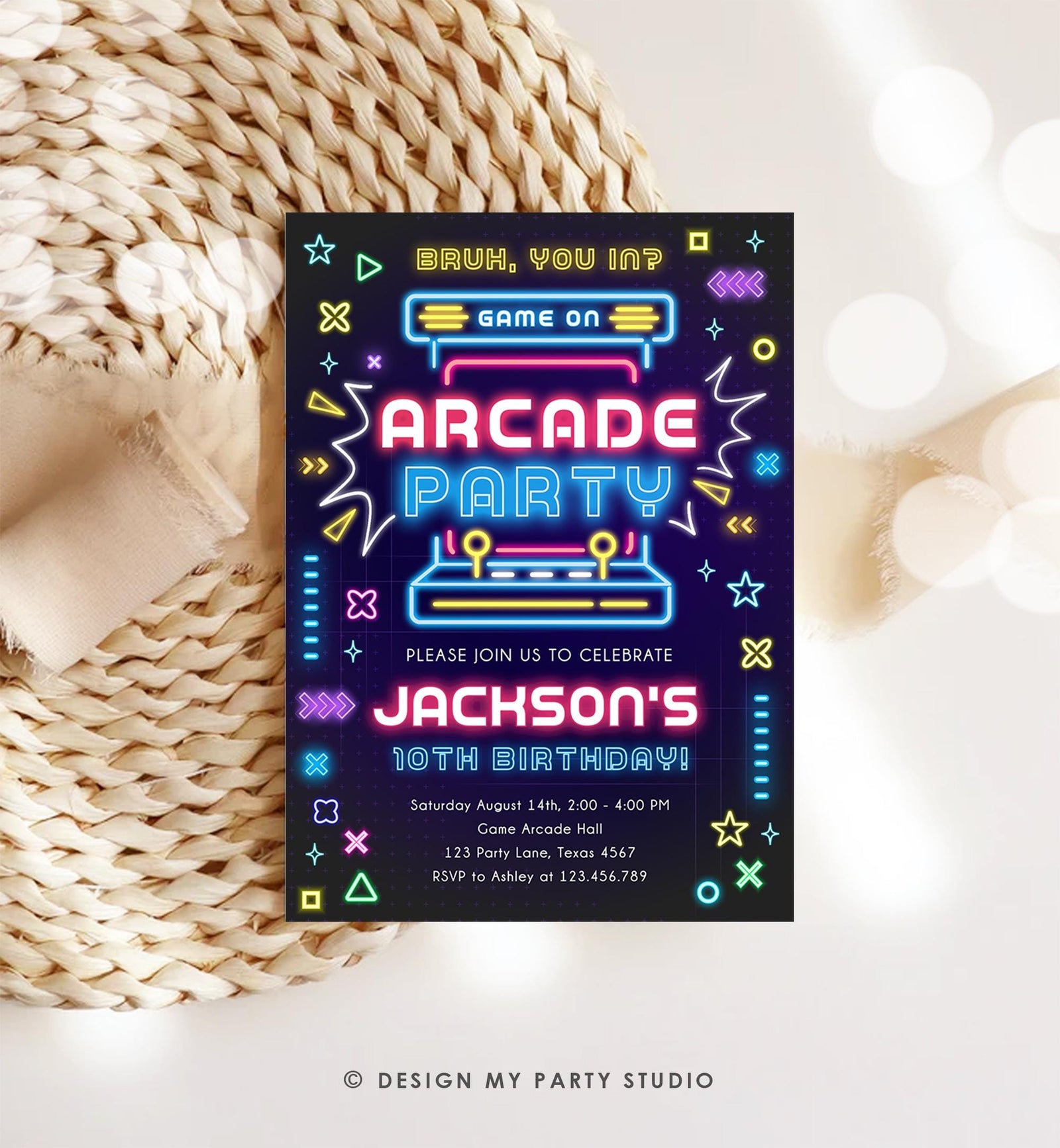 Editable Arcade Party Birthday Invitation Animals Neon Glow Game On Hall Boy Video Games Digital Download Evite Template Printable 0535