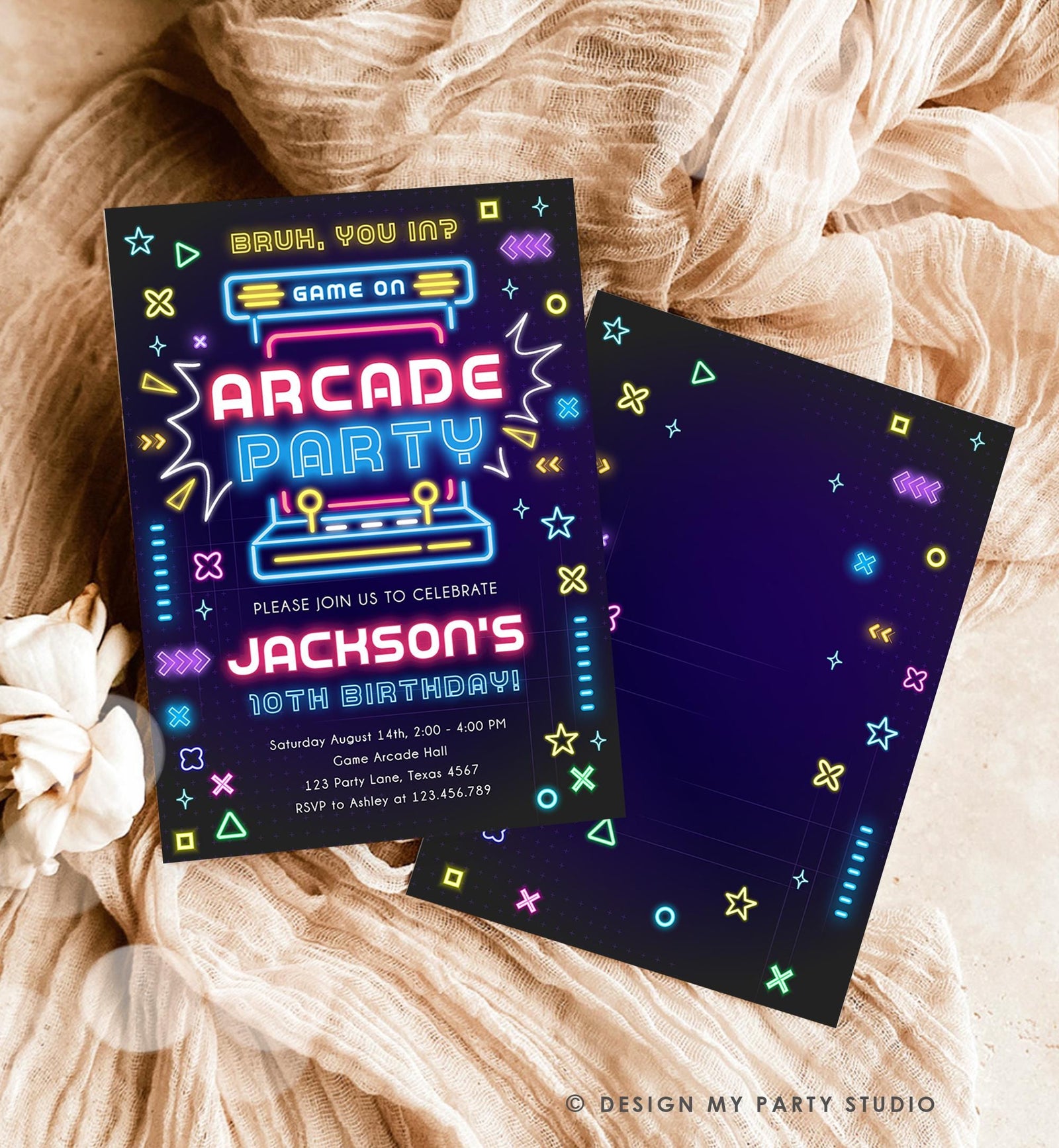 Editable Arcade Party Birthday Invitation Animals Neon Glow Game On Hall Boy Video Games Digital Download Evite Template Printable 0535