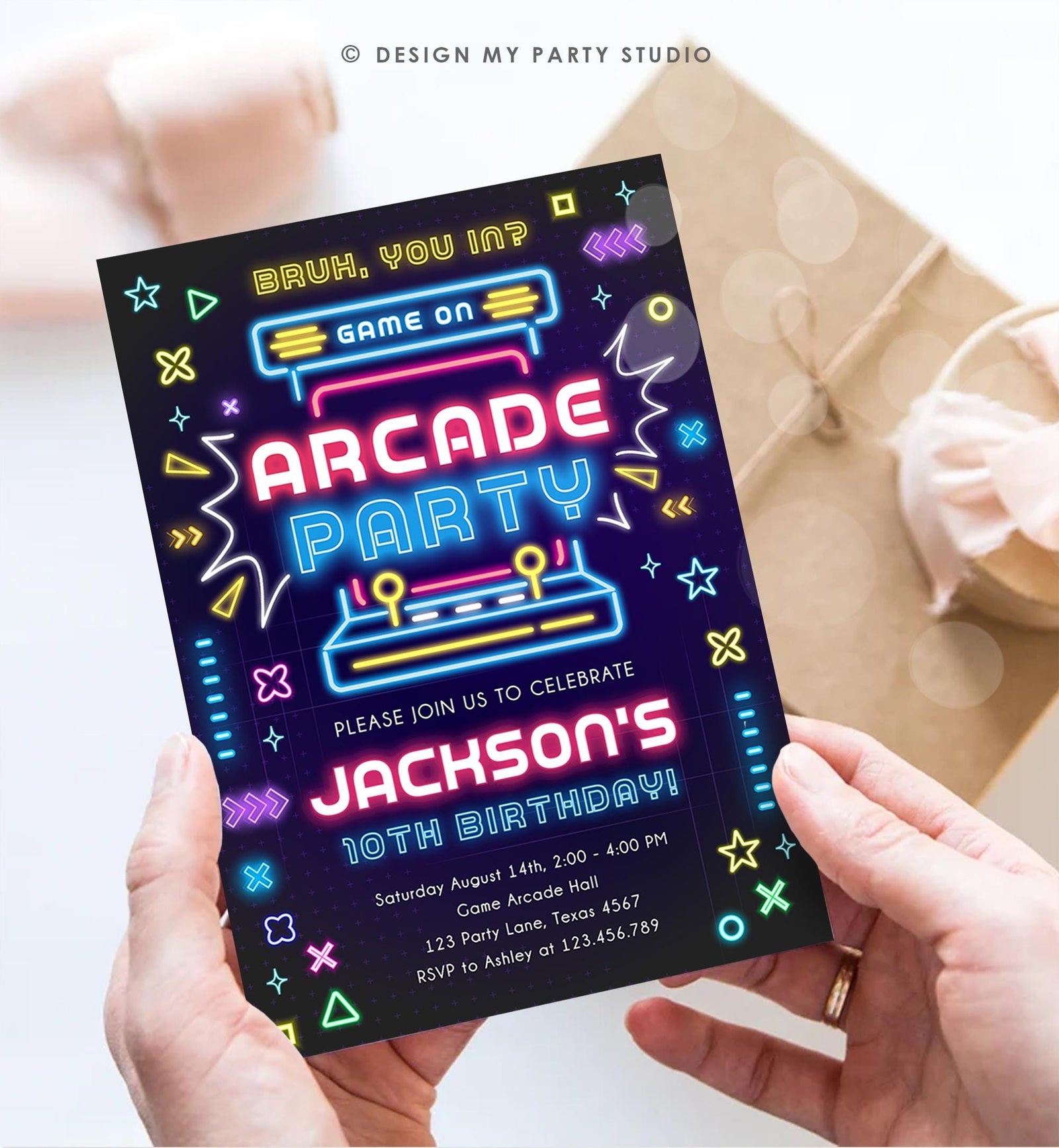 Editable Arcade Party Birthday Invitation Animals Neon Glow Game On Hall Boy Video Games Digital Download Evite Template Printable 0535