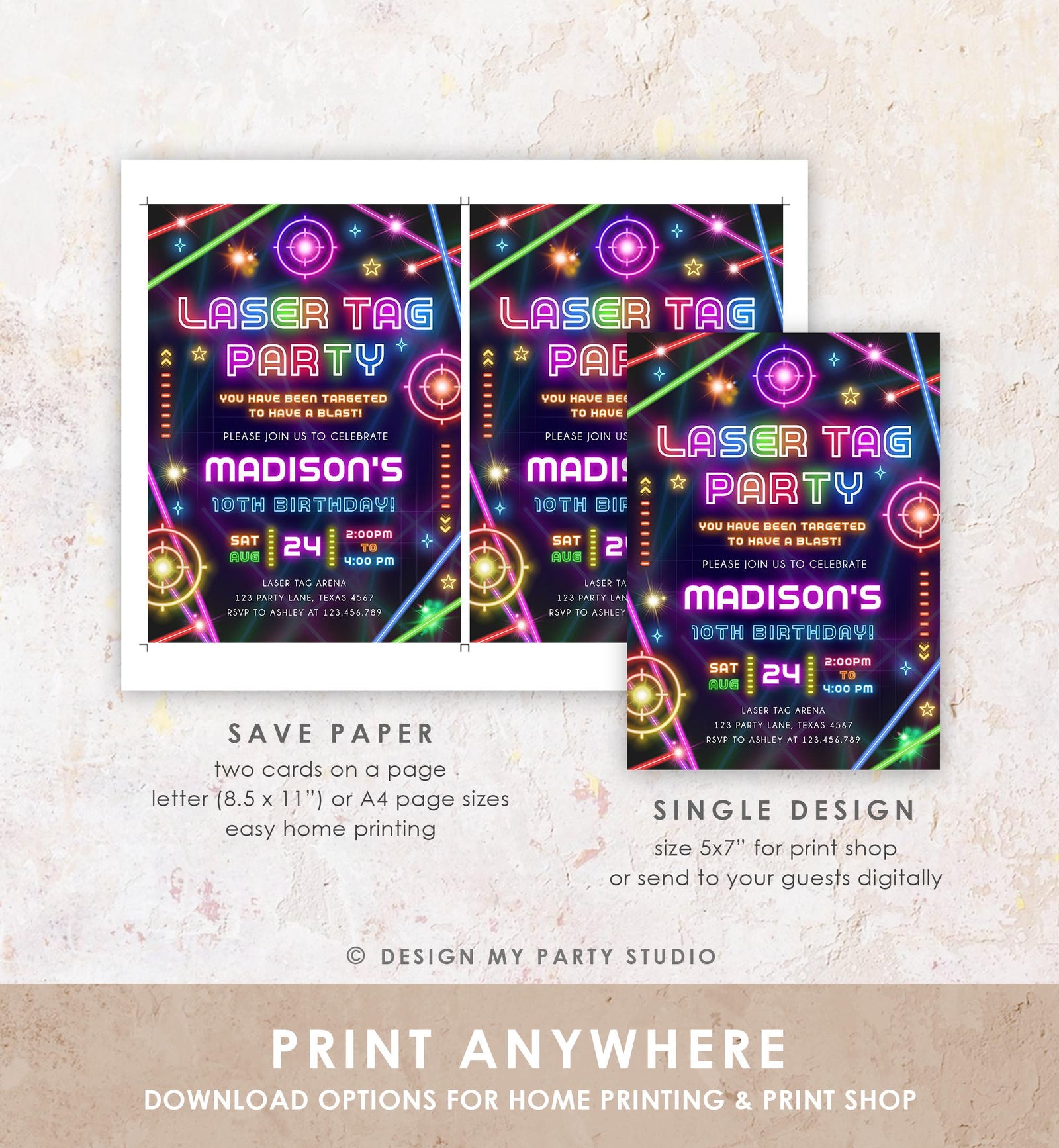 Editable Laser Tag Party Birthday Invitation Animals Neon Glow Arcade Lazer Game On Hall Girl Digital Download Evite Template Printable 0536