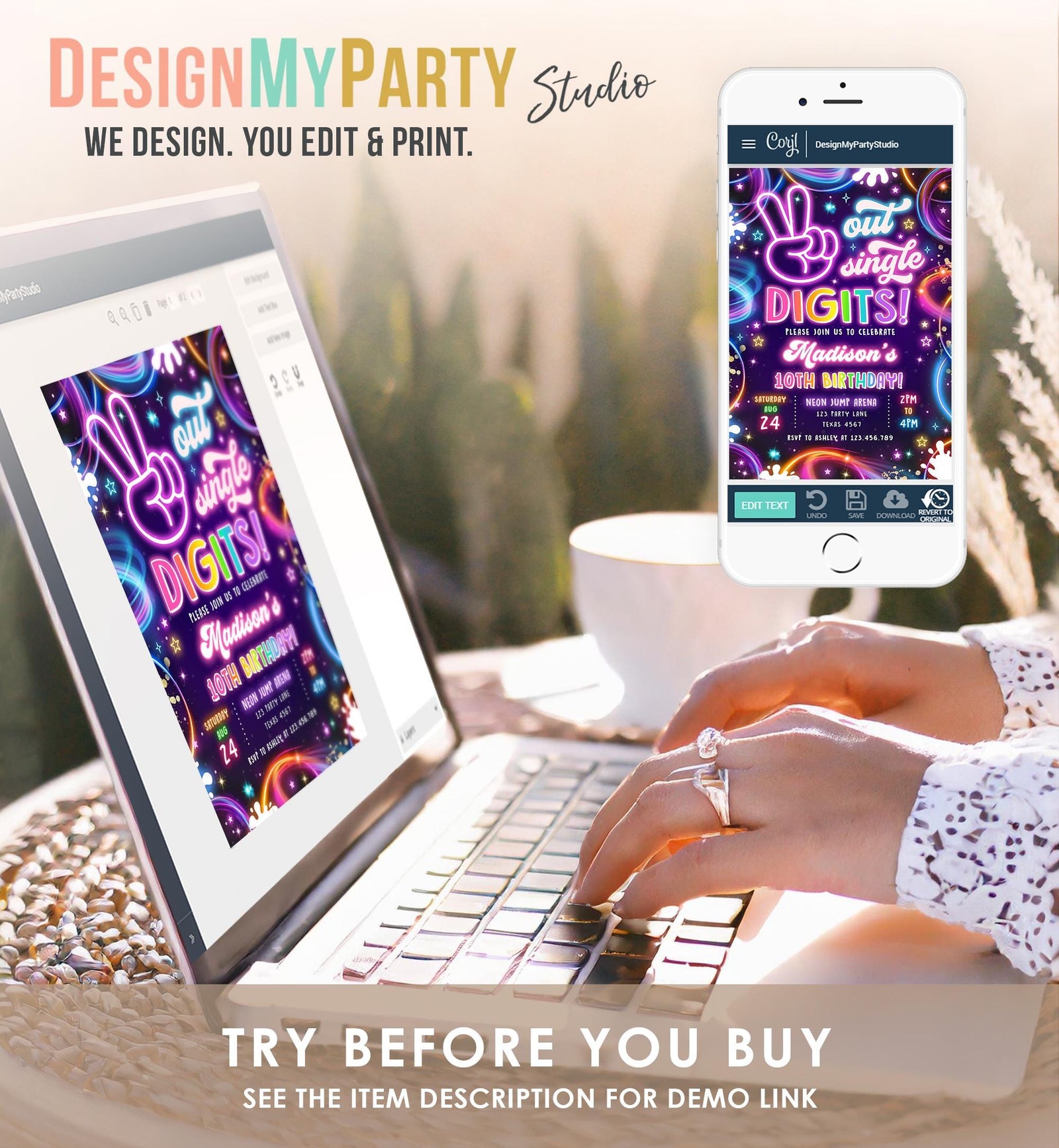Editable Peace Out Single Digits Birthday Invitation Neon Glow Disco Girl 10th Birthday Party Digital Download Evite Template Printable 0537