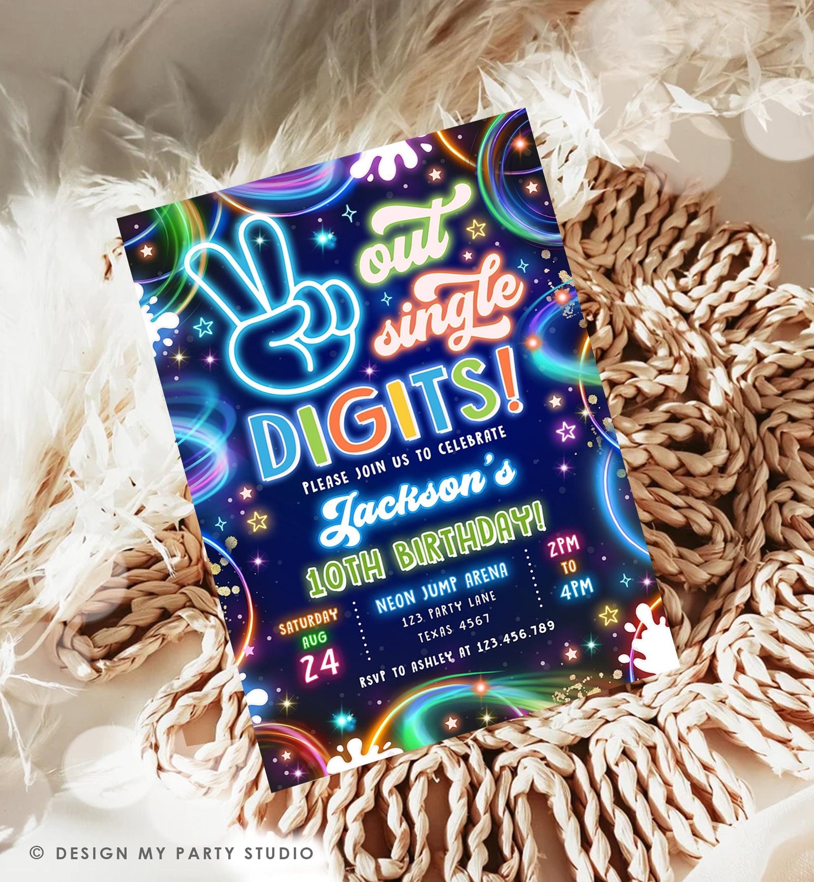 Editable Peace Out Single Digits Birthday Invitation Neon Glow Disco Boy 10th Birthday Party Digital Download Evite Template Printable 0537