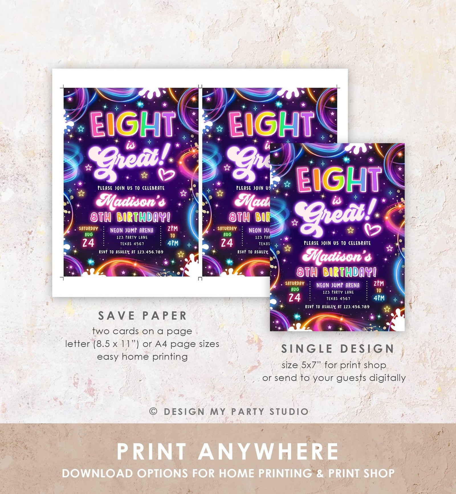 Editable Eight is Great Birthday Invitation Neon Glow Disco Girl 8th Birthday Party Digital Download Evite Template Printable 0537