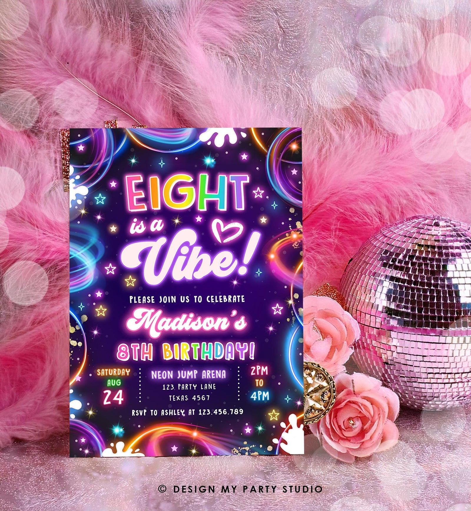 Editable Eight is a Vibe Birthday Invitation Neon Glow Disco Girl 8th Birthday Party Digital Download Evite Template Printable 0537