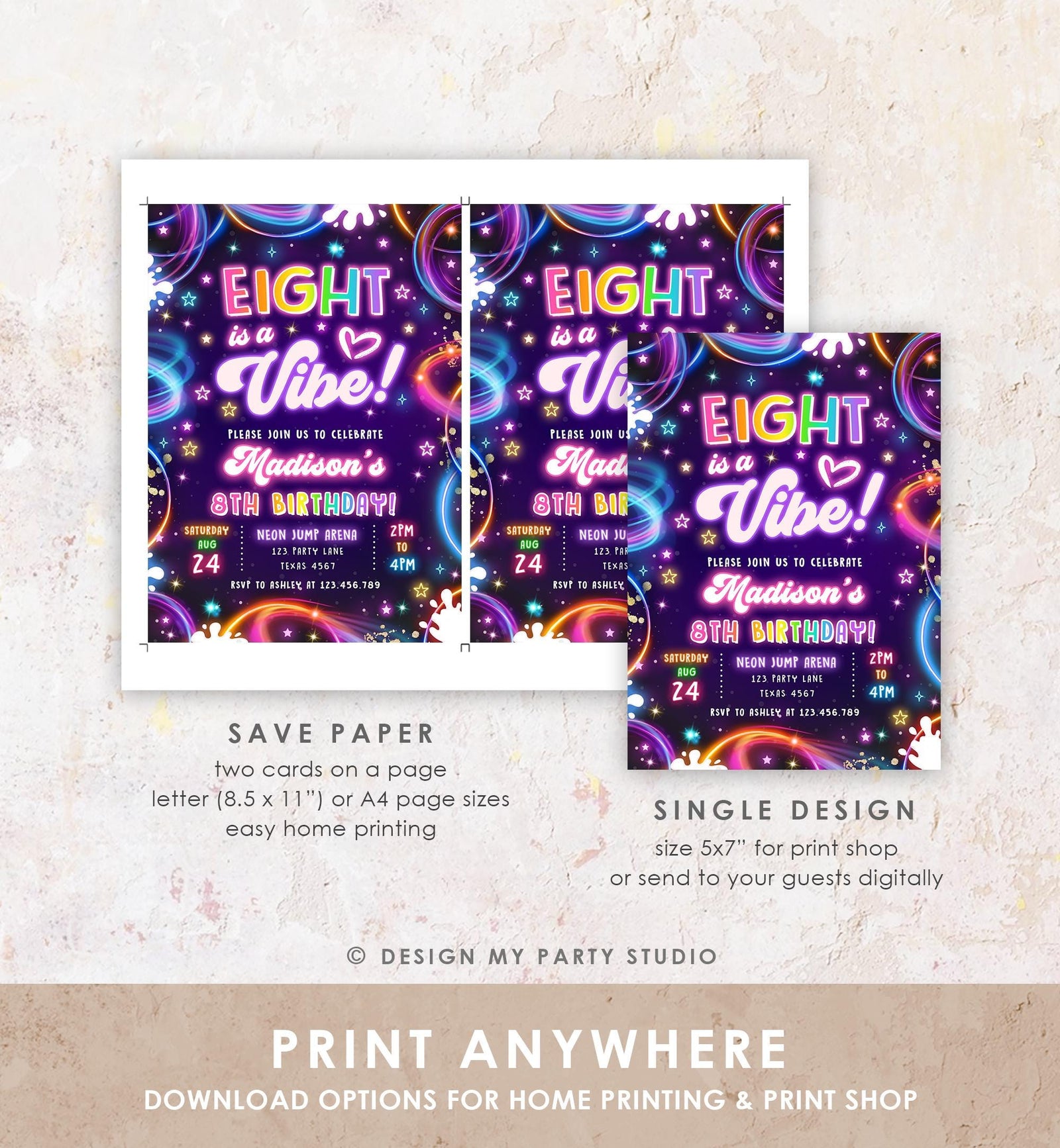 Editable Eight is a Vibe Birthday Invitation Neon Glow Disco Girl 8th Birthday Party Digital Download Evite Template Printable 0537