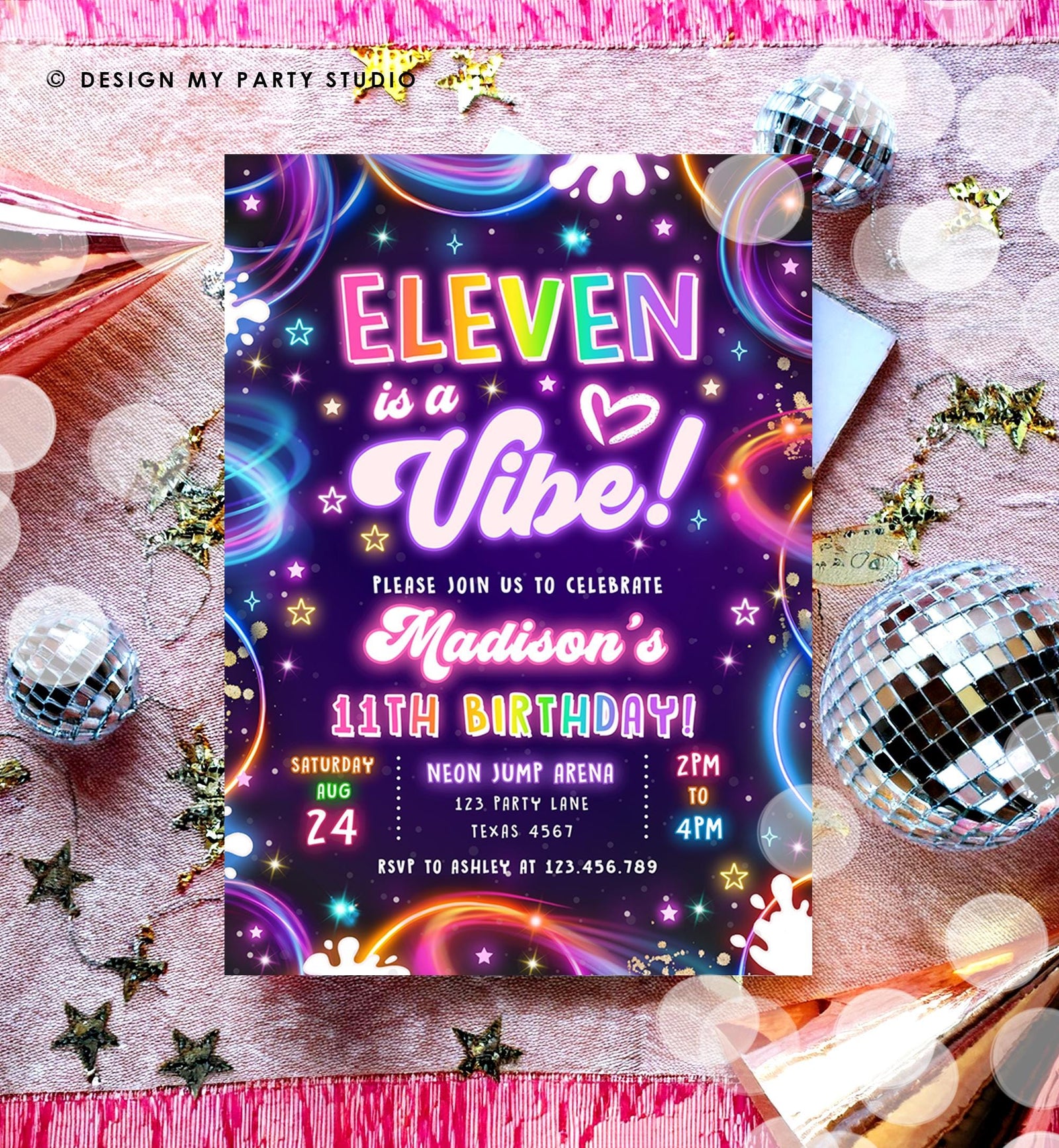 Editable Eleven is a Vibe Birthday Invitation Neon Glow Disco Girl 11th Birthday Party Digital Download Evite Template Printable 0537