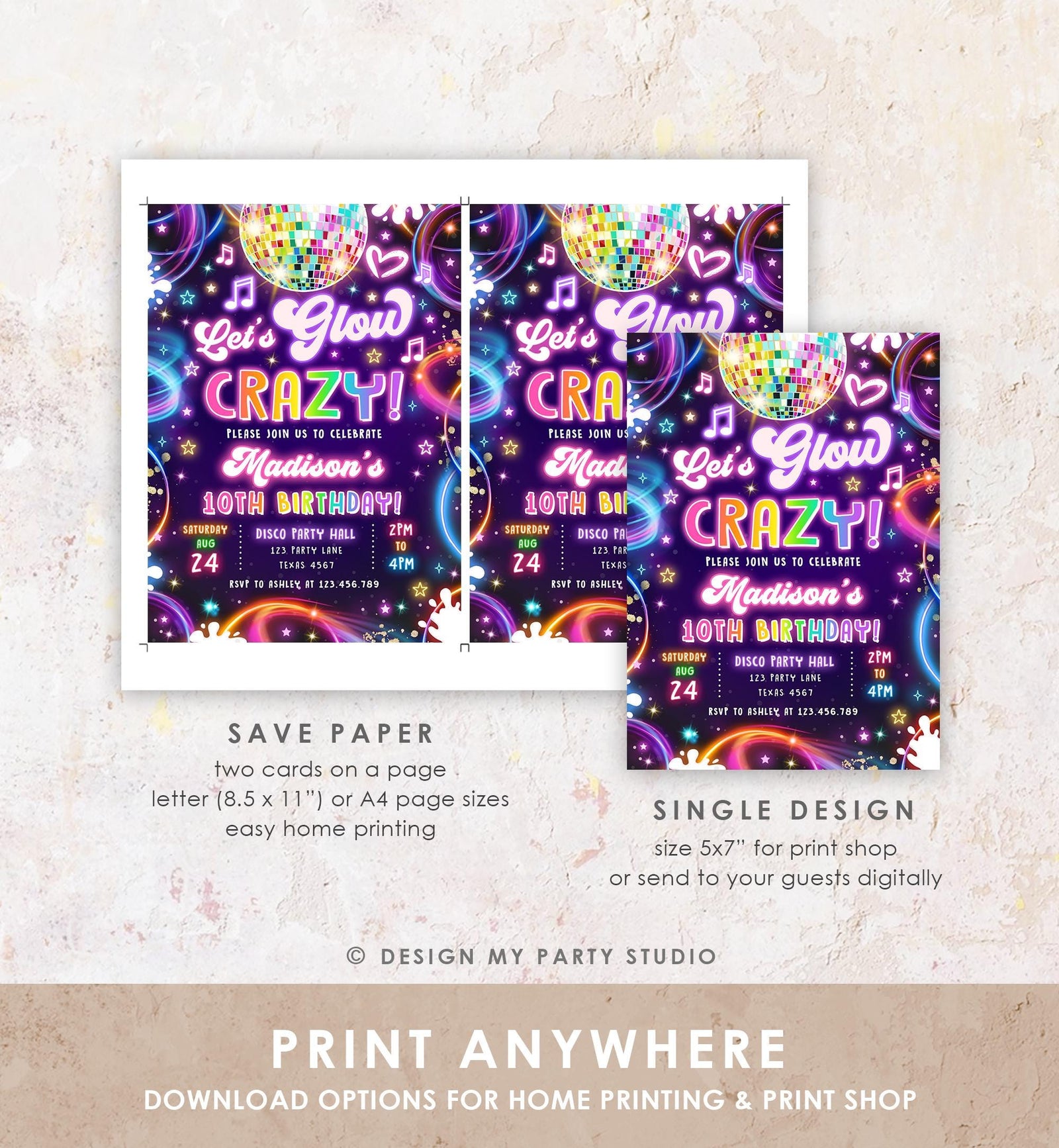 Editable Let's Glow Crazy Birthday Invitation Neon Glow Disco Party Girl Retro Groovy Digital Download Evite Template Printable 0537