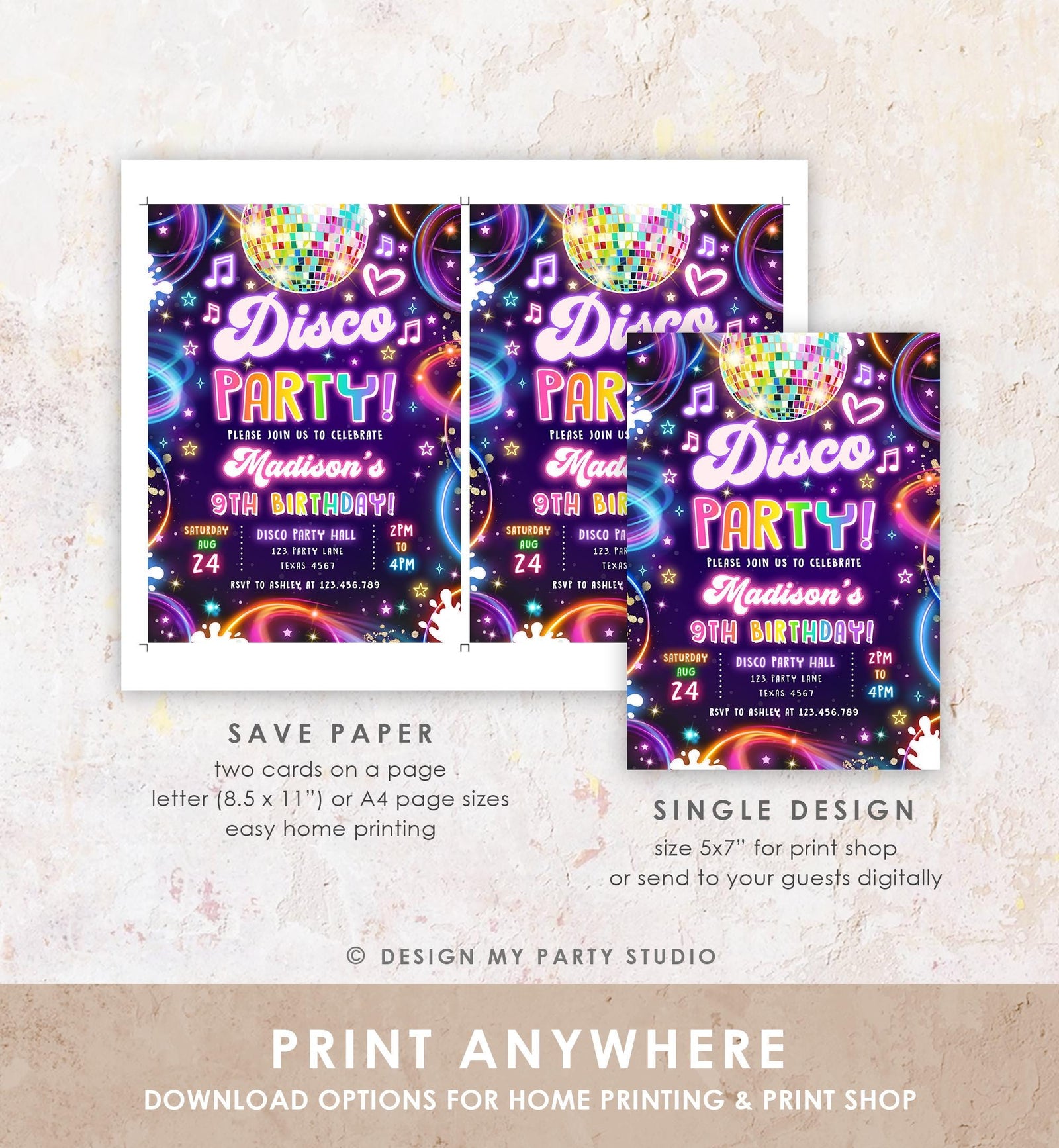 Editable Disco Party Birthday Invitation Neon Glow Let's Glow Crazy Girl Retro Groovy Digital Download Evite Template Printable 0537