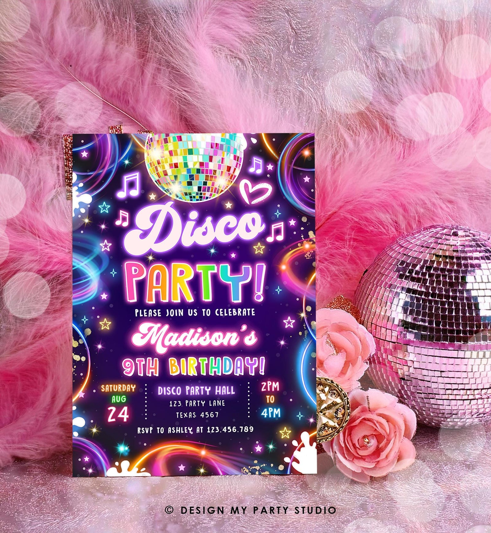 Editable Disco Party Birthday Invitation Neon Glow Let's Glow Crazy Girl Retro Groovy Digital Download Evite Template Printable 0537