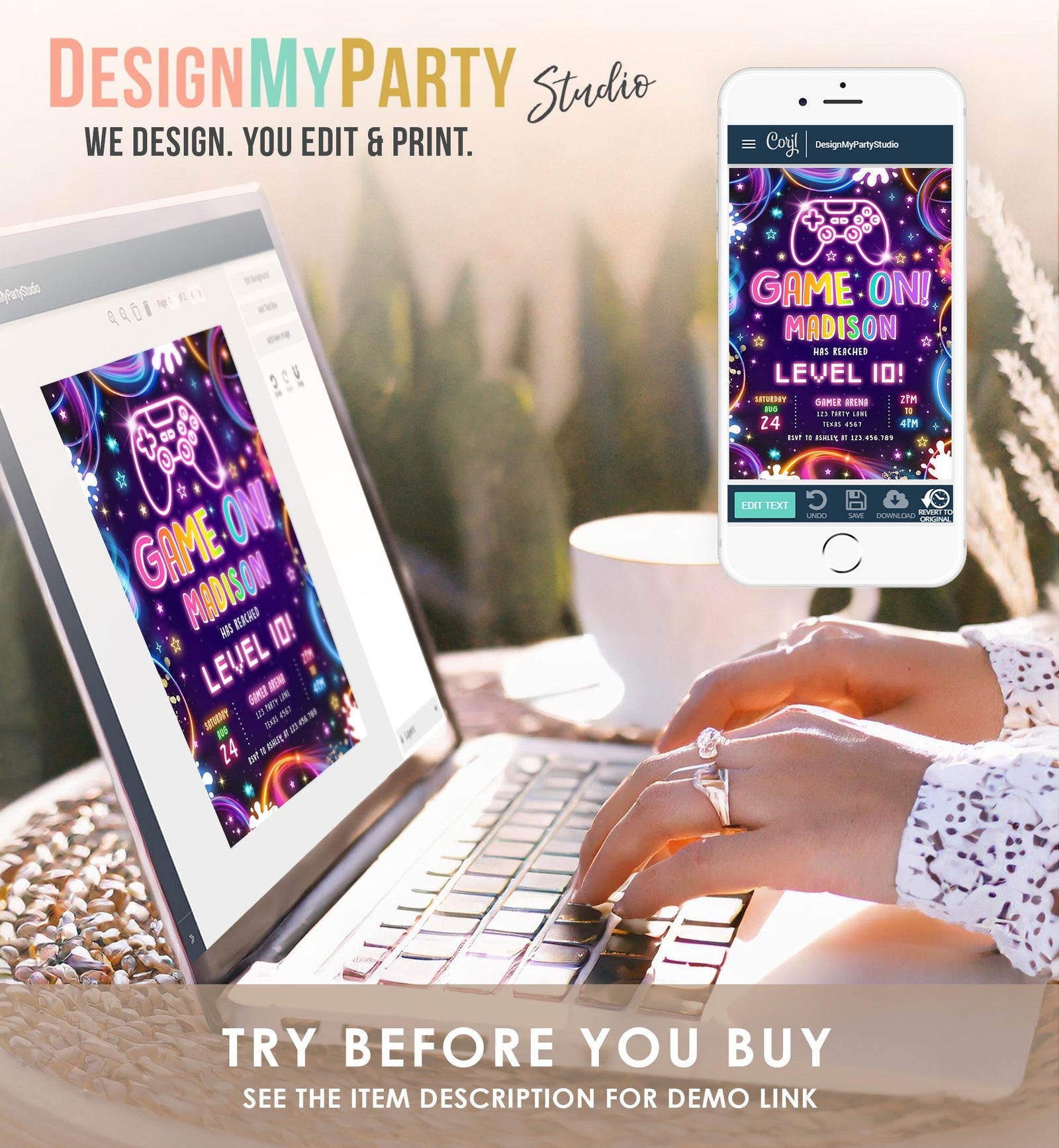 Editable Game On Birthday Invitation Video Game Gamer Level Up Neon Glow Girl Epic Play Party Fun Digital Evite Template Printable 0537