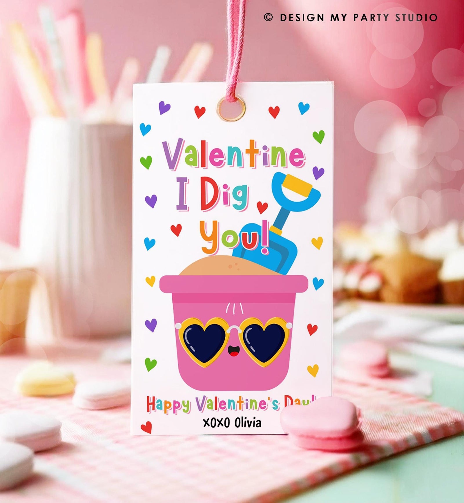 Editable Valentine I Dig You Valentines Day Gift Tag Pink Girl Shovel Bucket Beach Sand Favor Kids School Classroom Template Printable 0370
